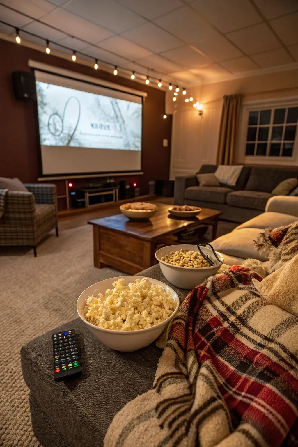 Create a home theater experience for a cozy movie night on your birthday.