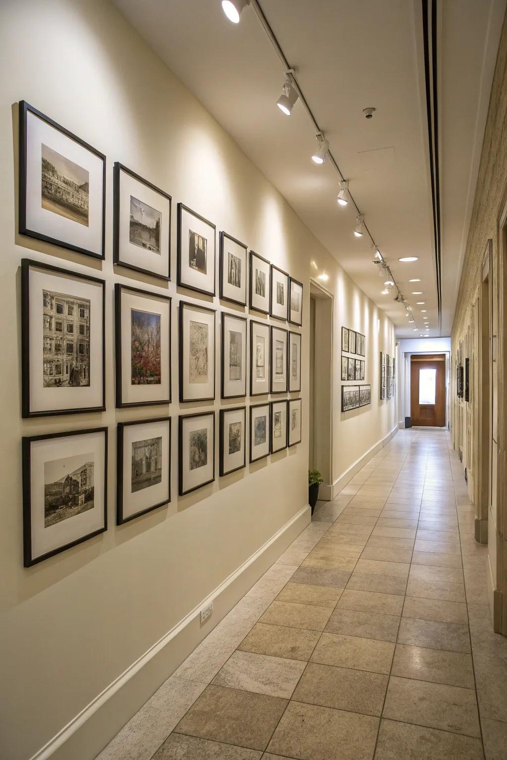 A hallway gallery wall with a classic grid layout using same-sized frames.