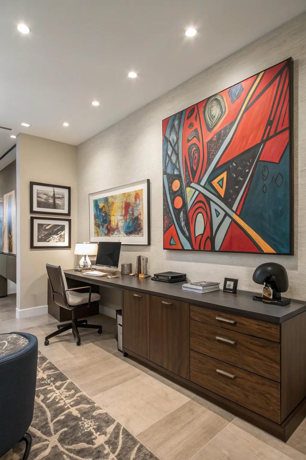 A large abstract painting acts as a captivating centerpiece for this office gallery wall.