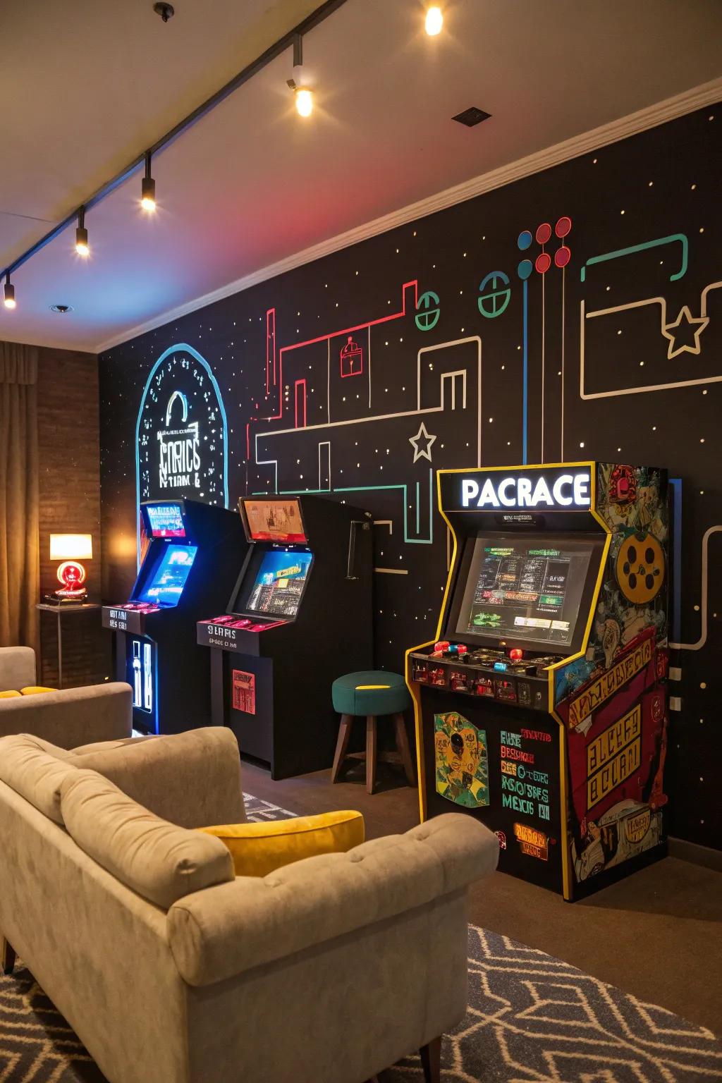 A game room with a retro arcade mural, bringing back the classic gaming era.