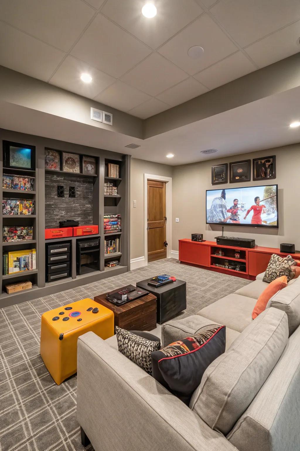 A gaming room with a thoughtfully chosen color palette that enhances the space's aesthetic.