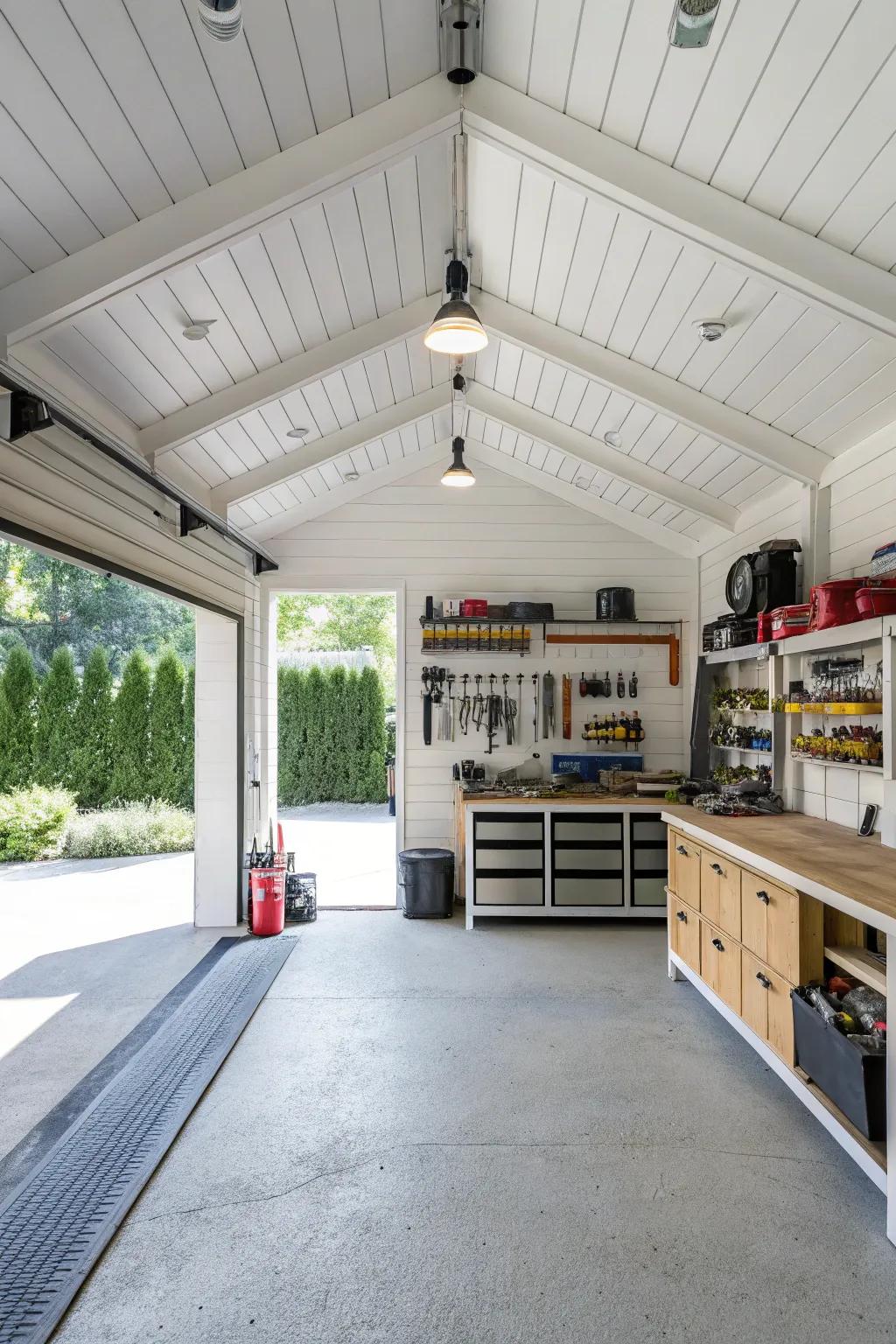 A bright white ceiling enhances the light and space in your garage.