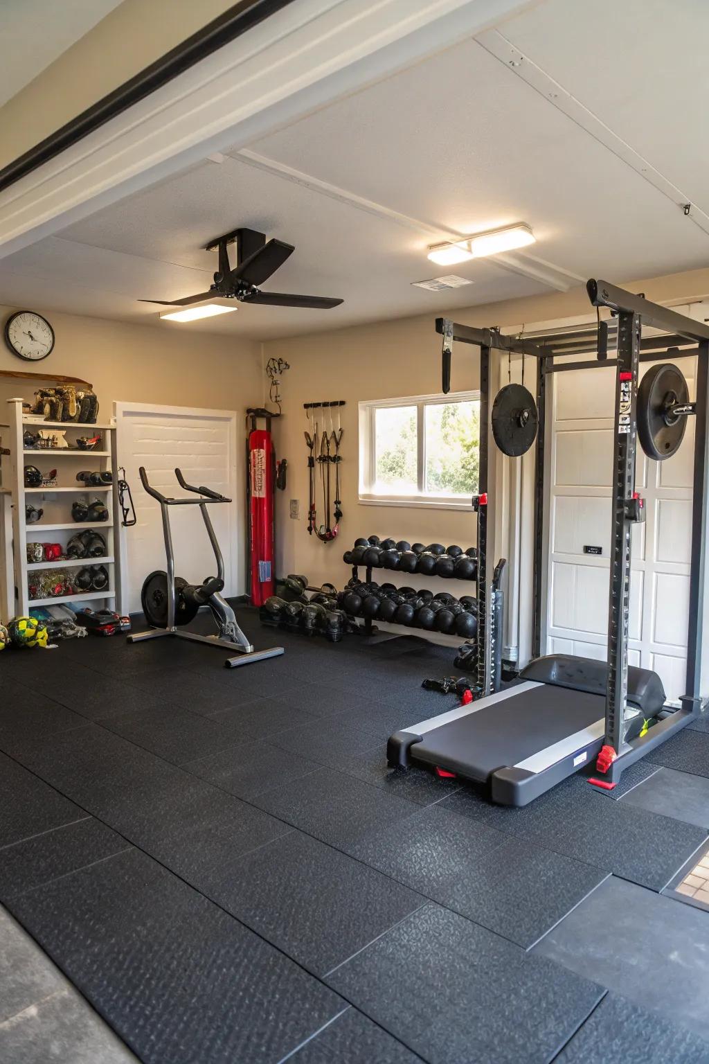 A garage transformed into a personal fitness sanctuary.