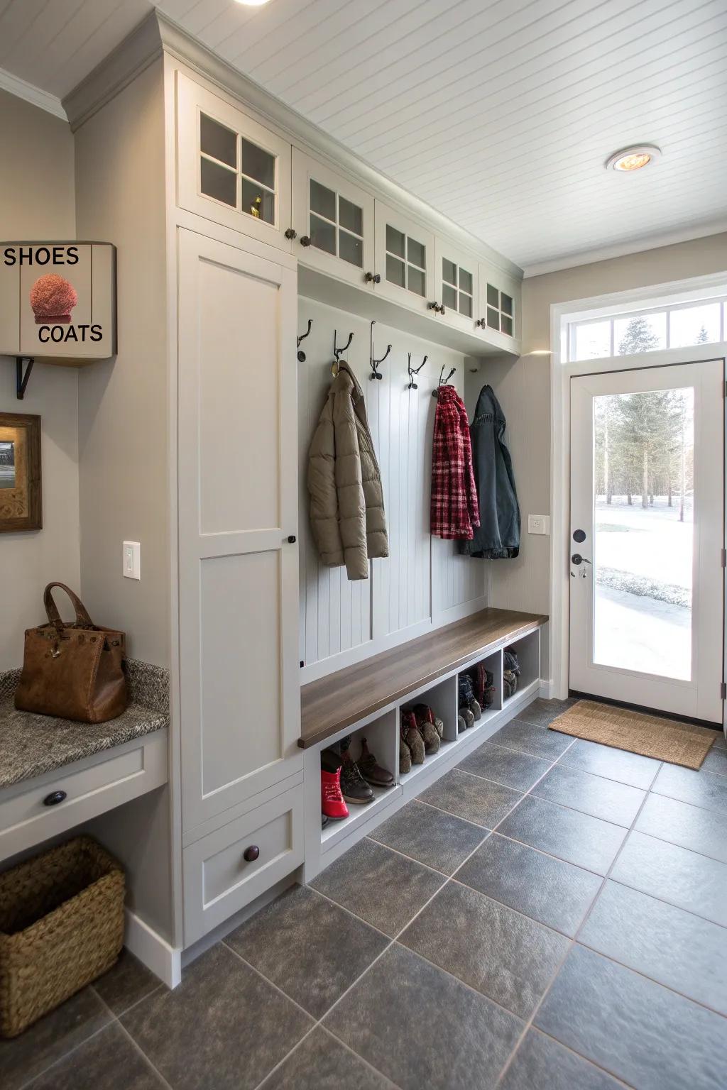 A built-in bench with storage compartments, perfect for organizing shoes and gear.