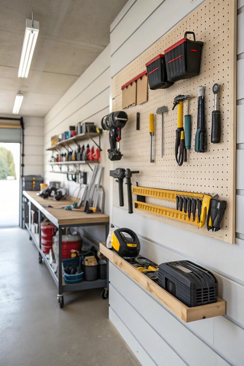 Wall-mounted shelves free up floor space and keep items organized.