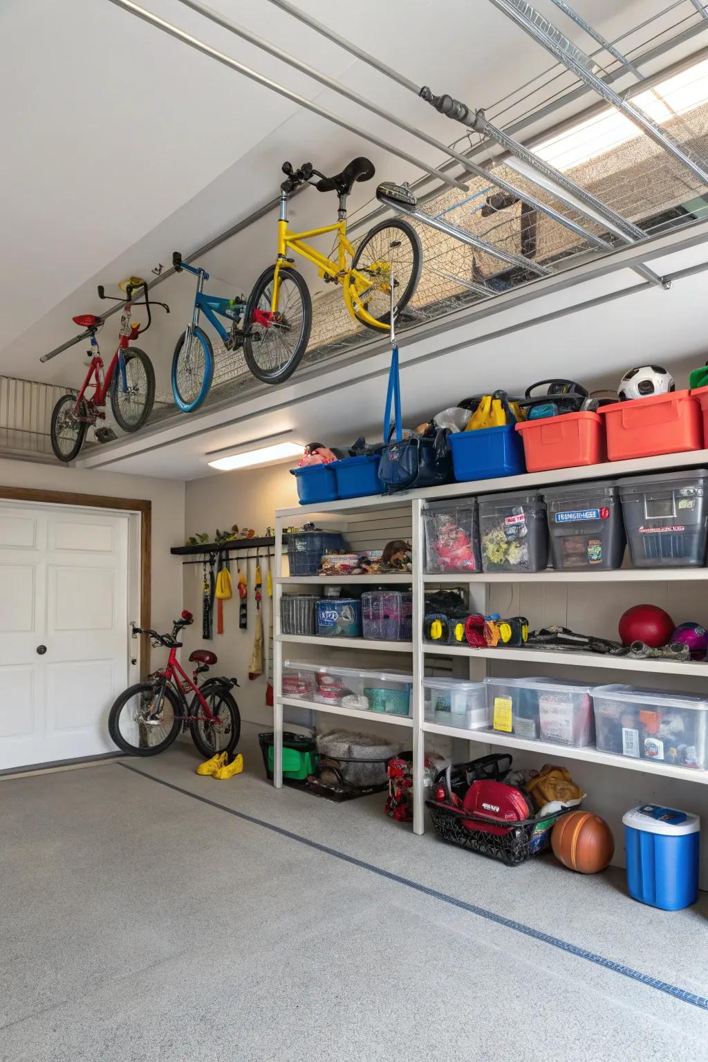 Utilize overhead racks to maximize space and keep bulky toys organized.