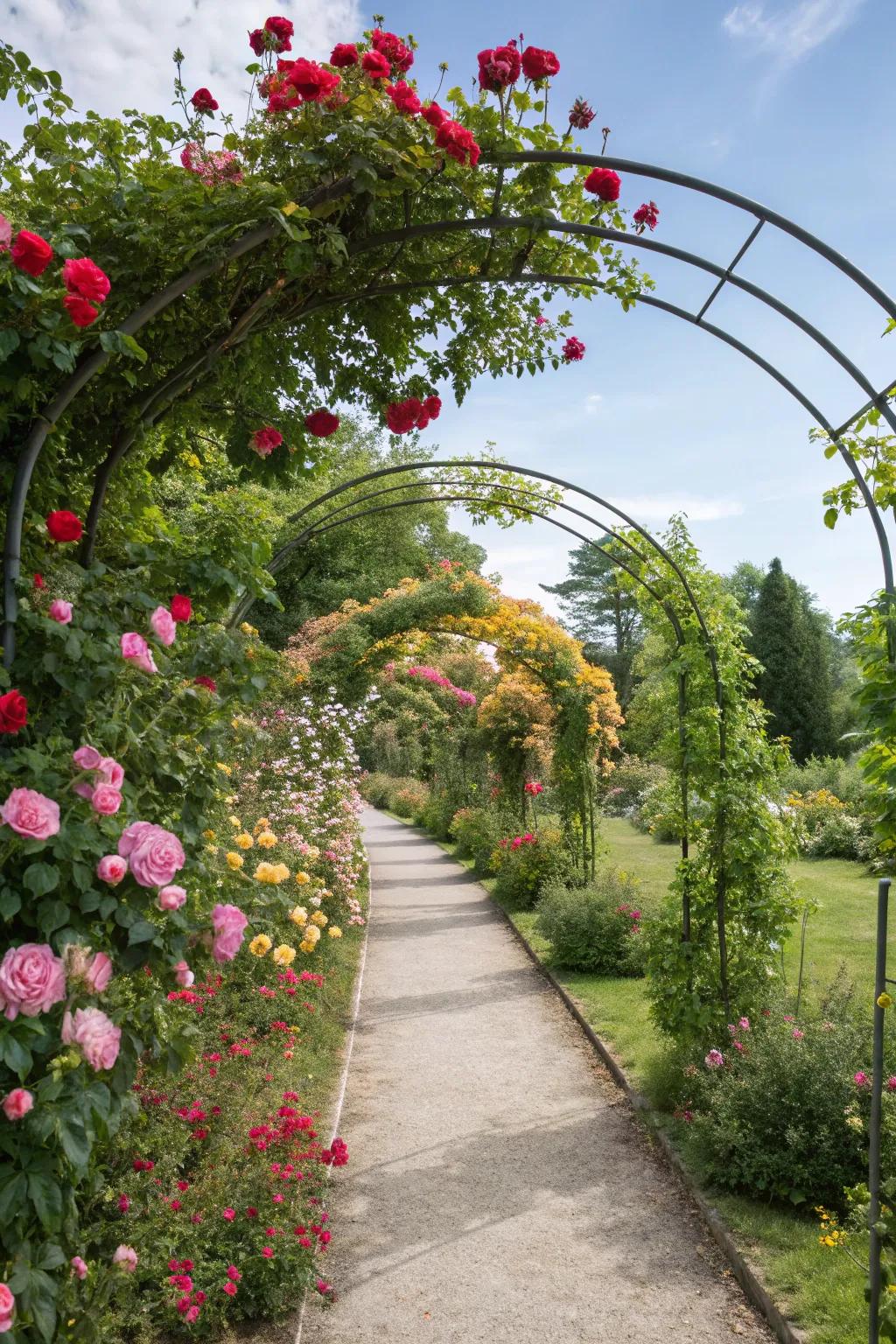 A romantic garden pathway lined with blooming arch trellises.