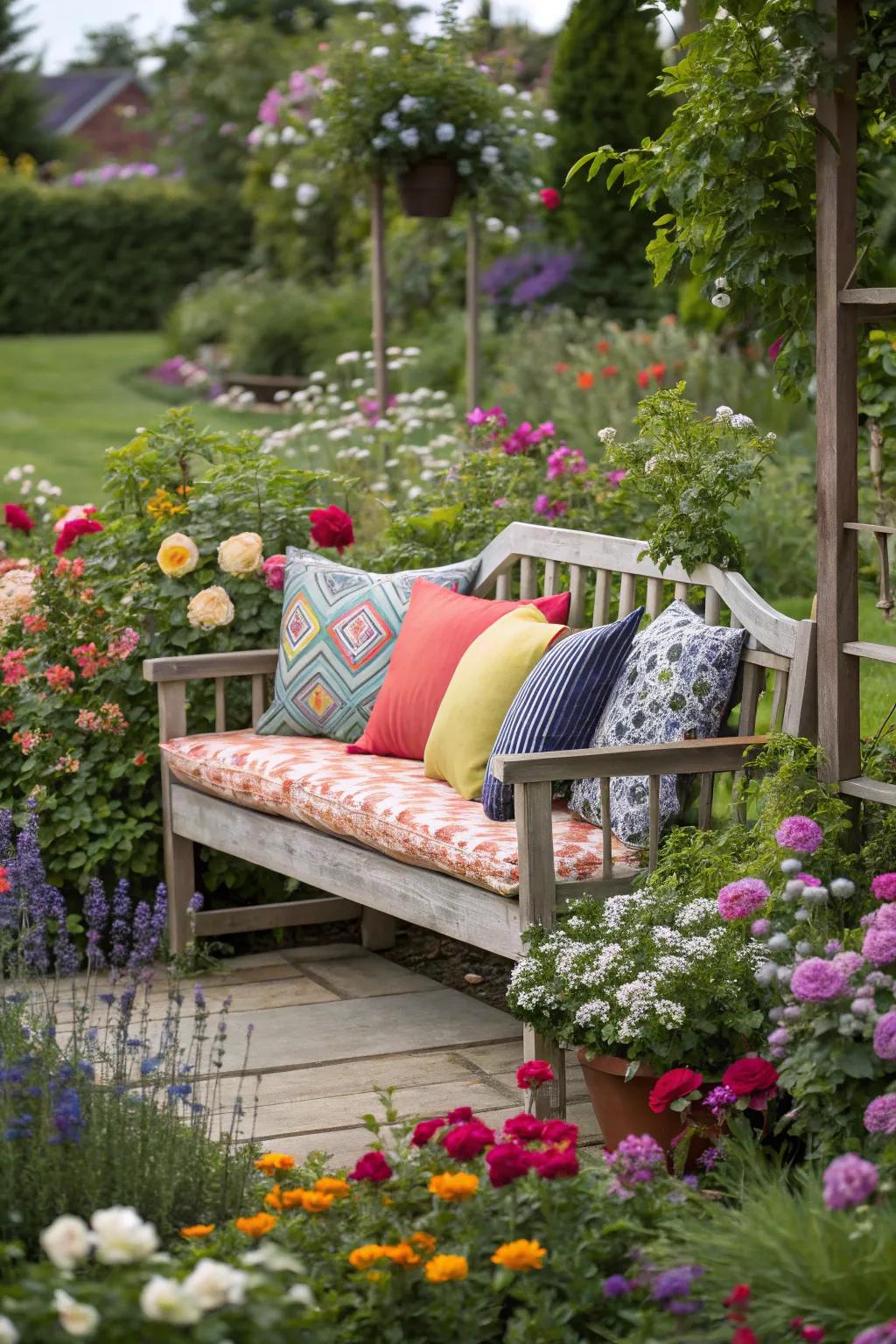 Colorful cushions bring life and comfort to your garden bench.