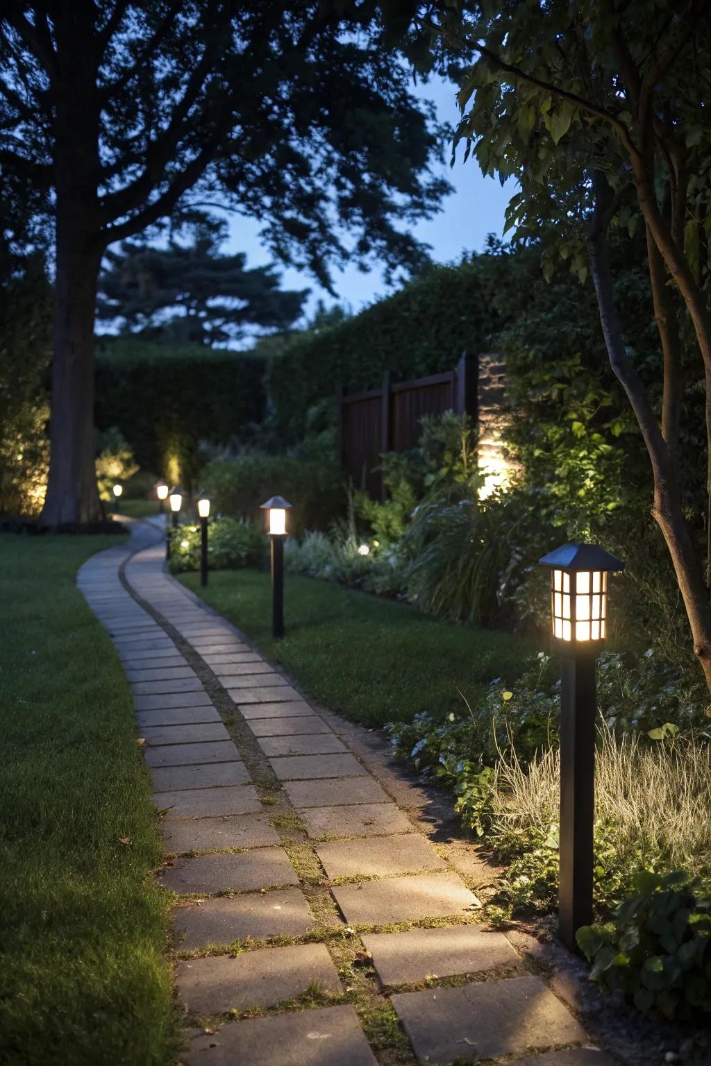 Solar-powered stake lights guide you through your garden paths.