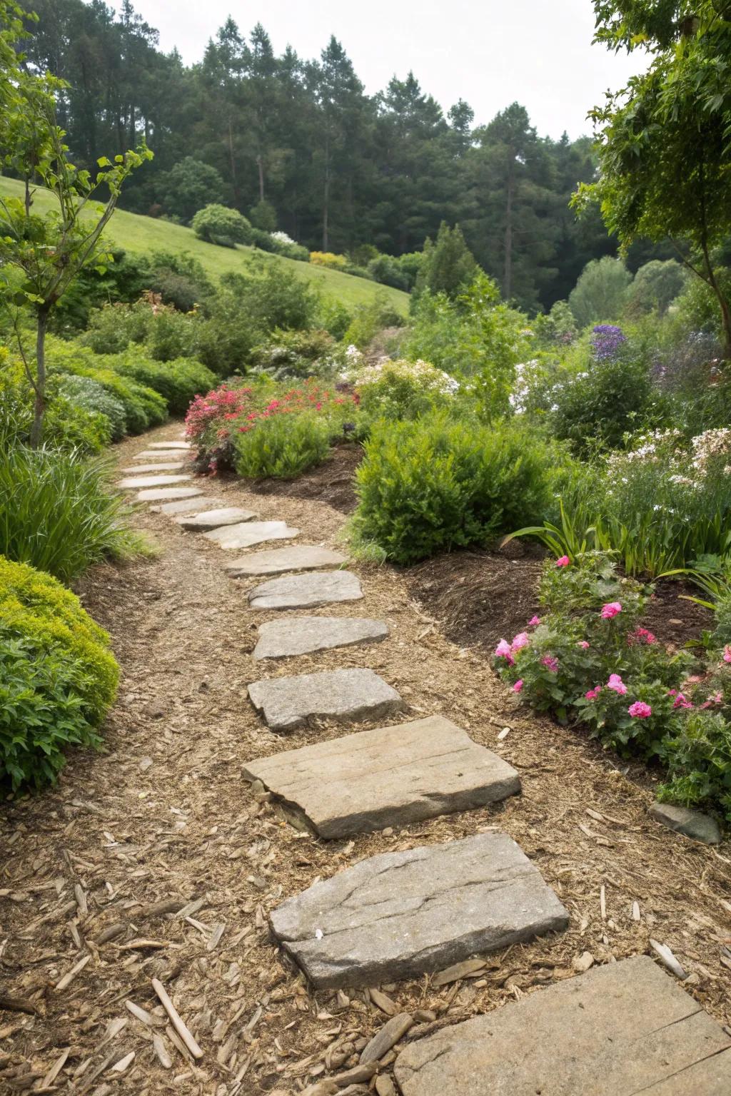 Rustic stepping stones on a mulch path.