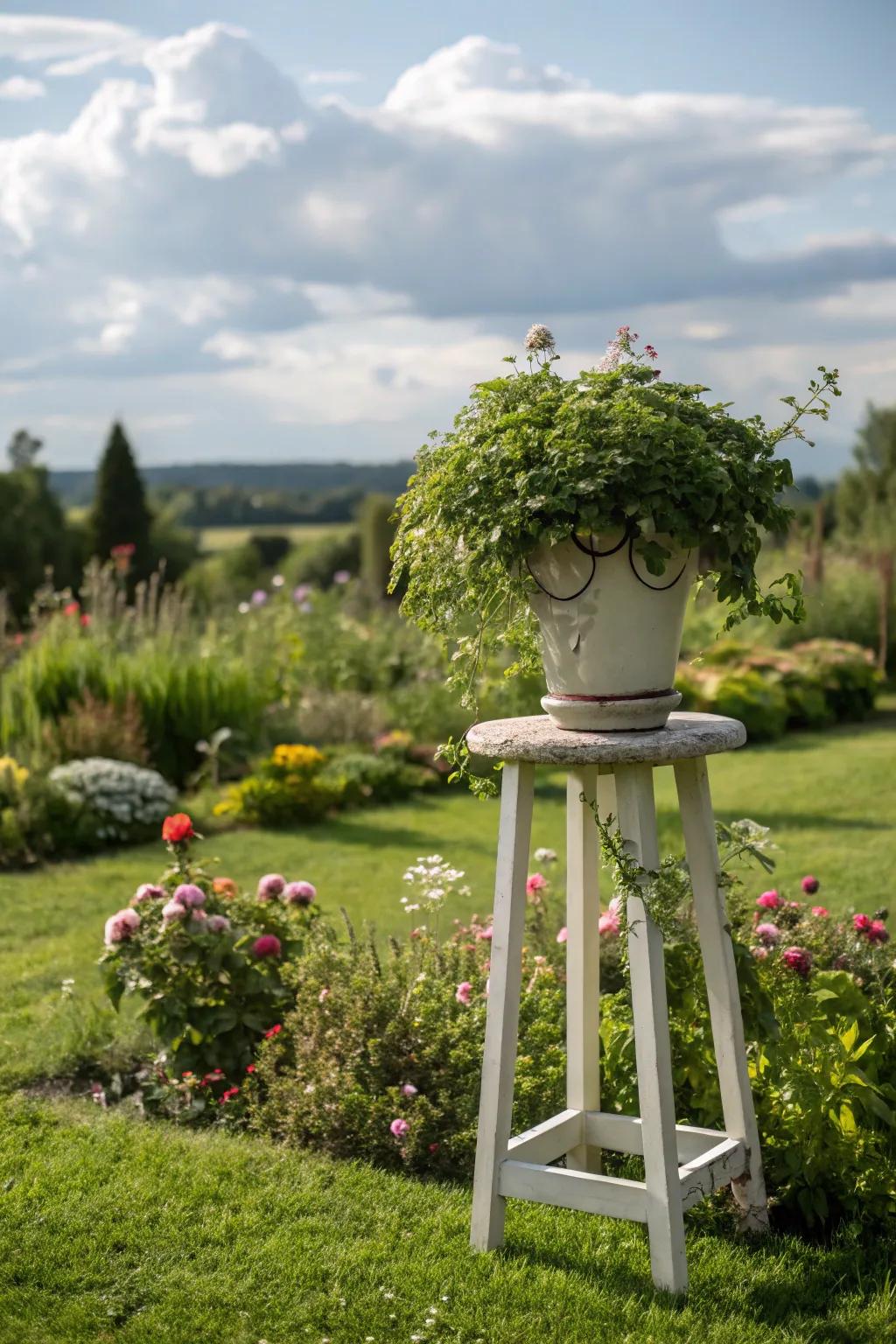 Using a garden stool as a plant stand can enhance your garden's aesthetic appeal.