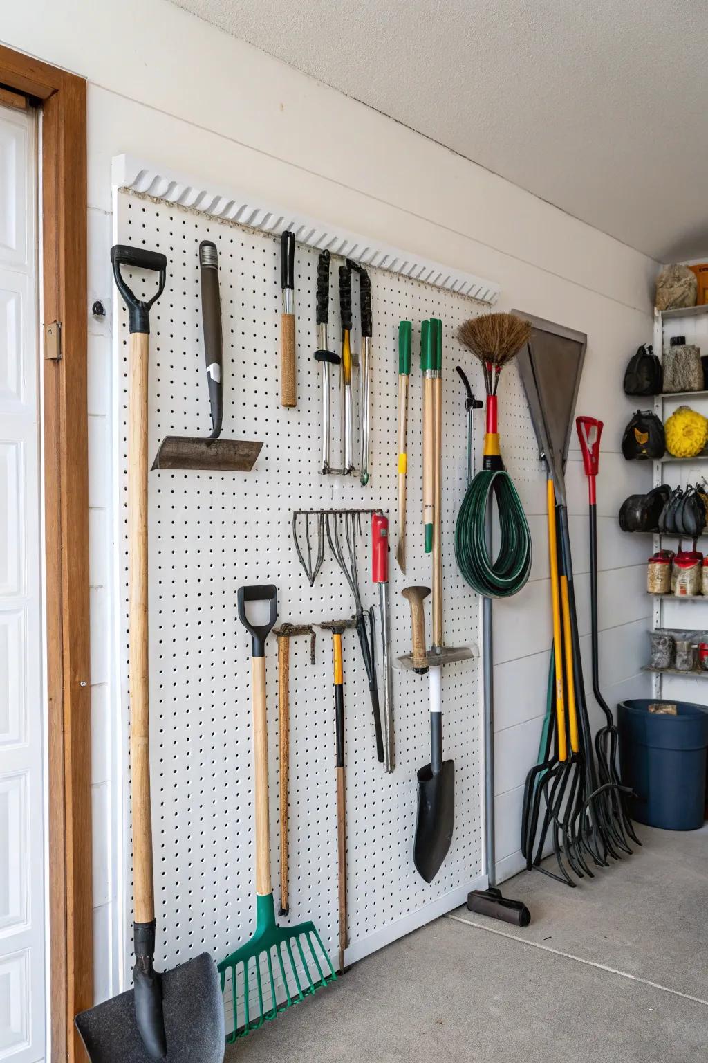 A pegboard makes for a versatile and customizable storage solution for garden tools.