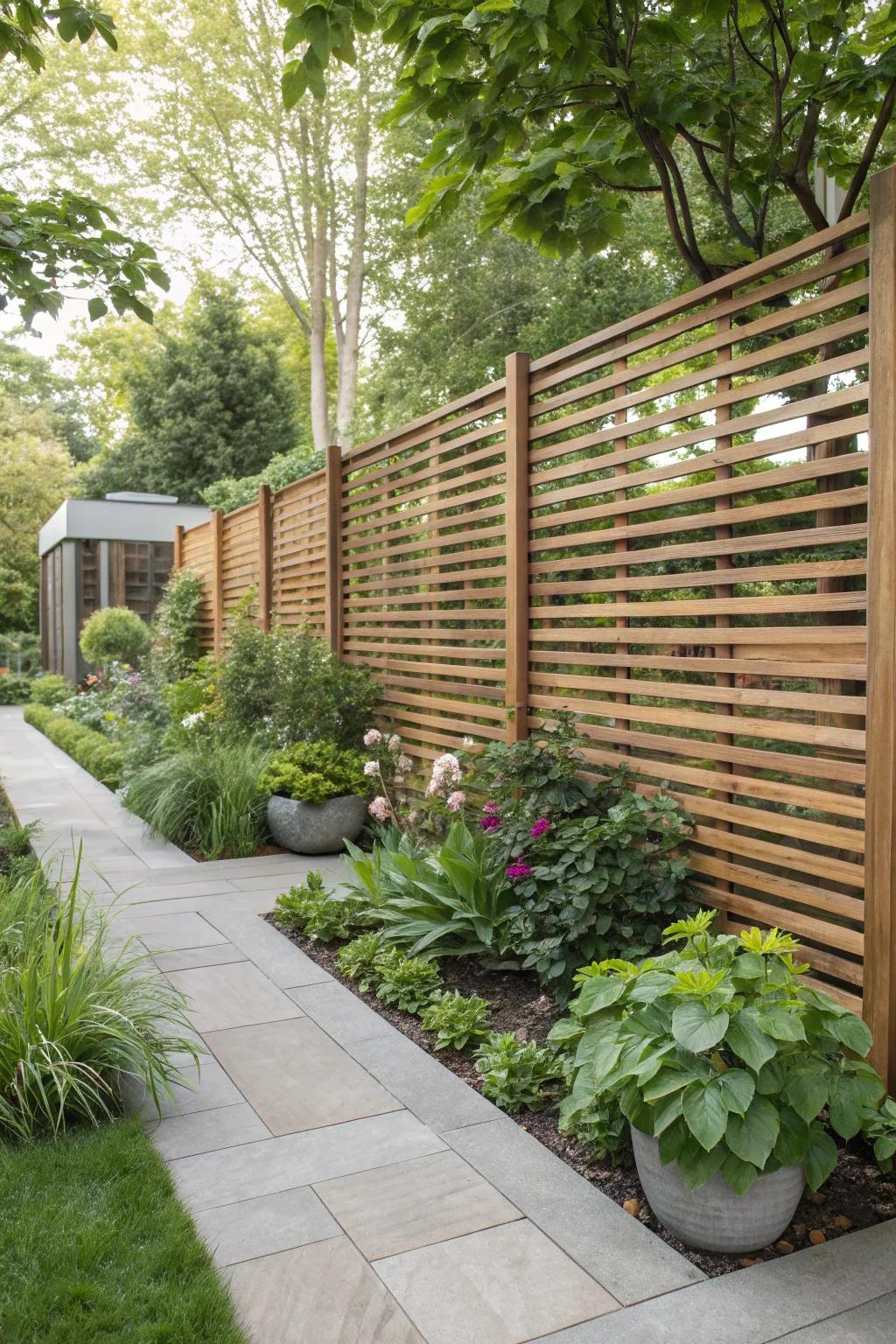 Modern wooden slat fence adding a stylish touch to the garden.