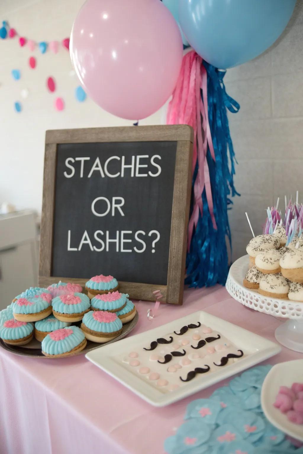 A playful 'Staches or Lashes' gender reveal setup.