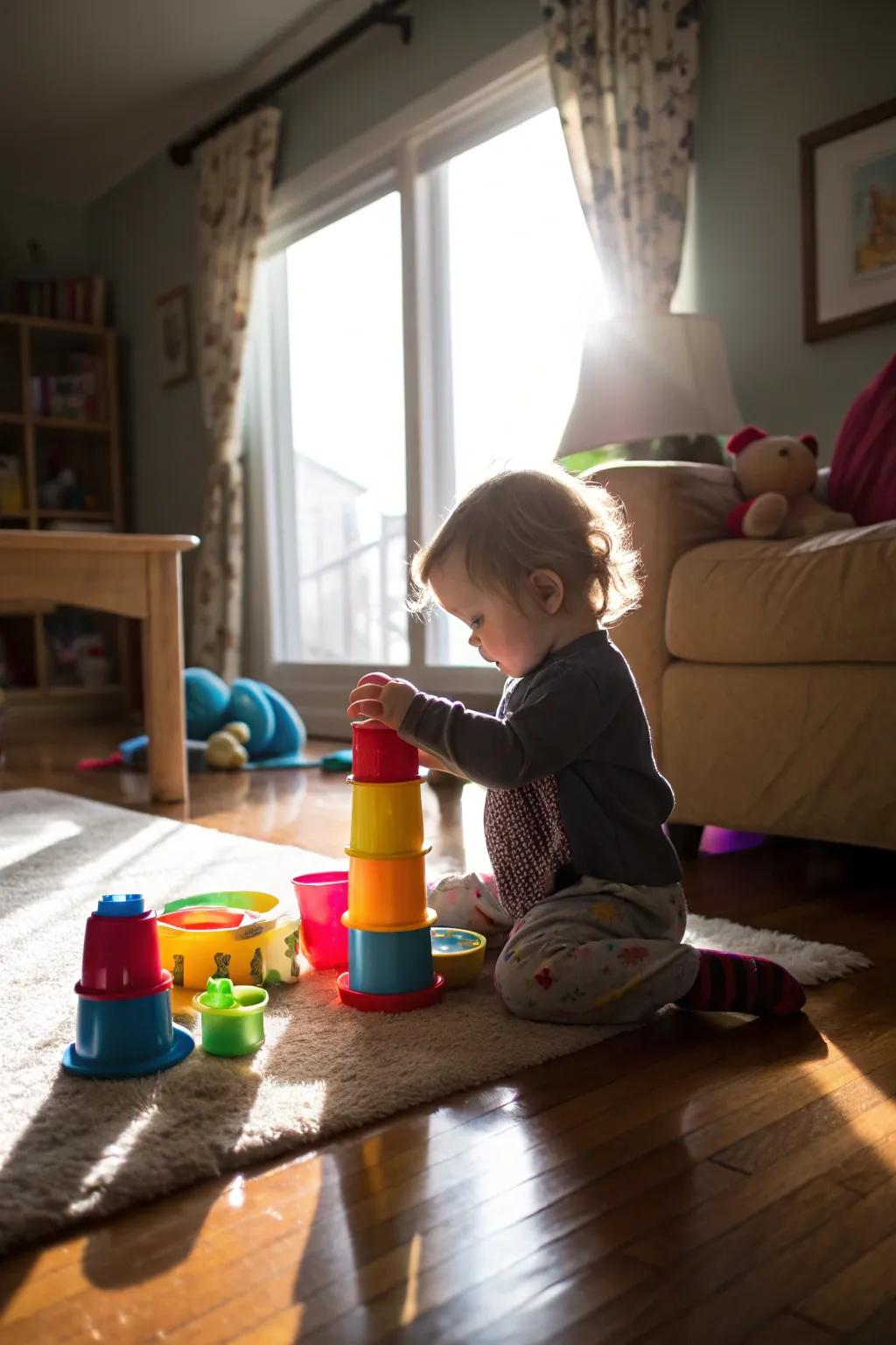 Stacking cups can keep a toddler entertained for hours.