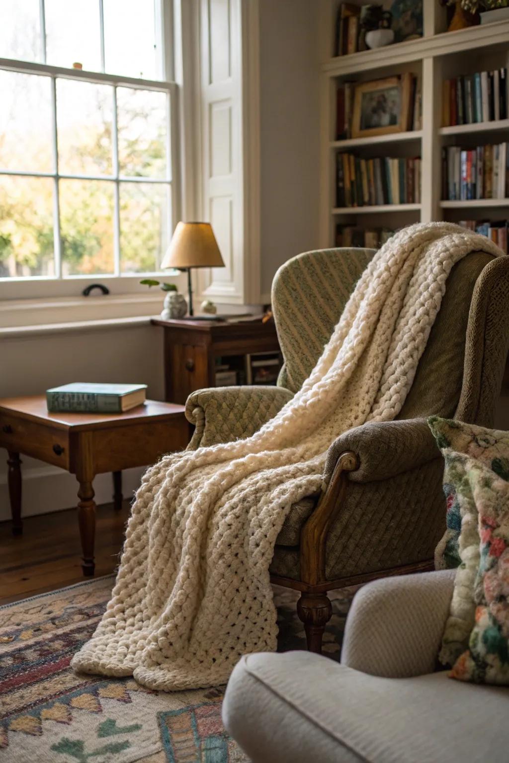 A knitted throw blanket adds warmth and style to any space.