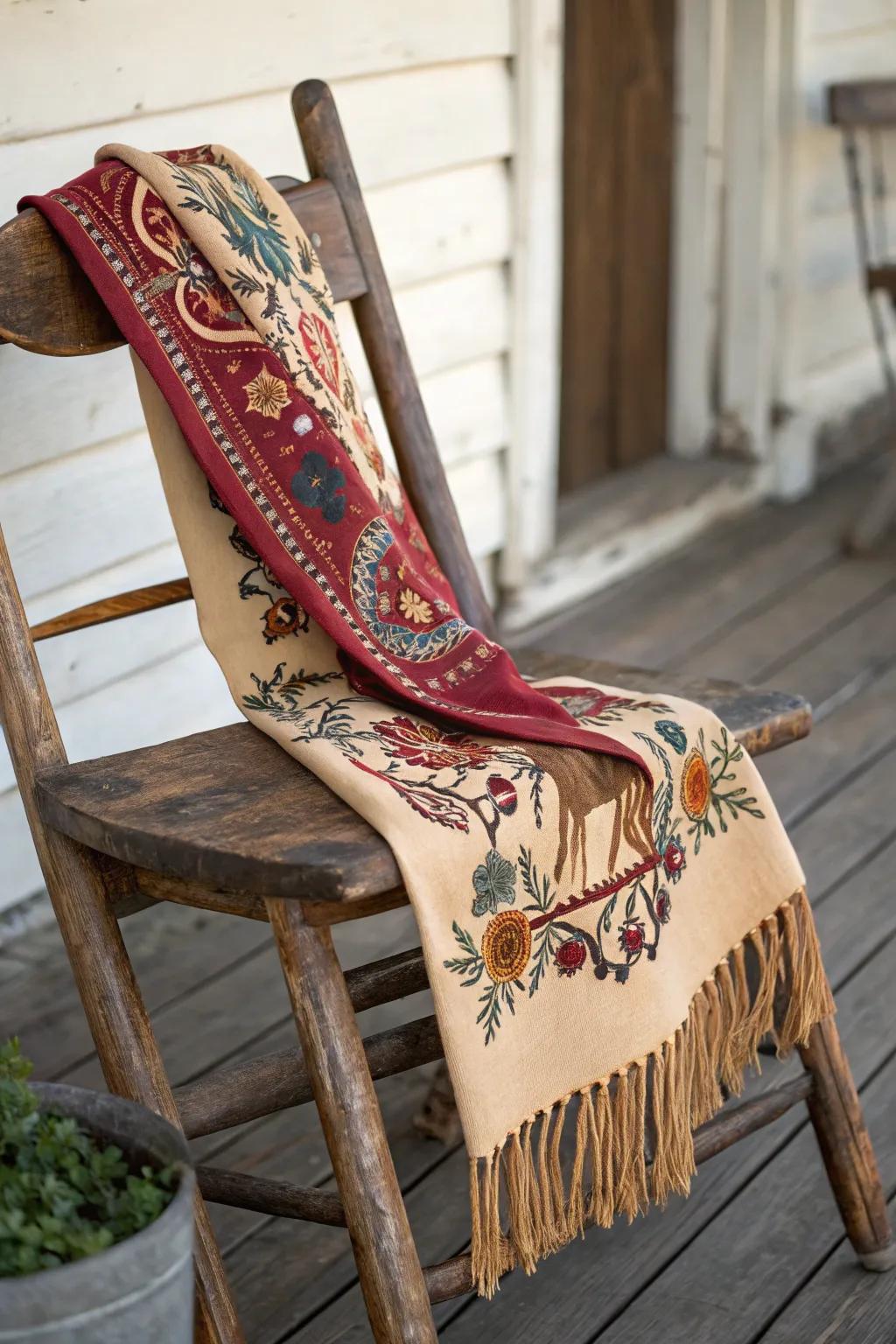 A stylish embroidered scarf with intricate western designs.