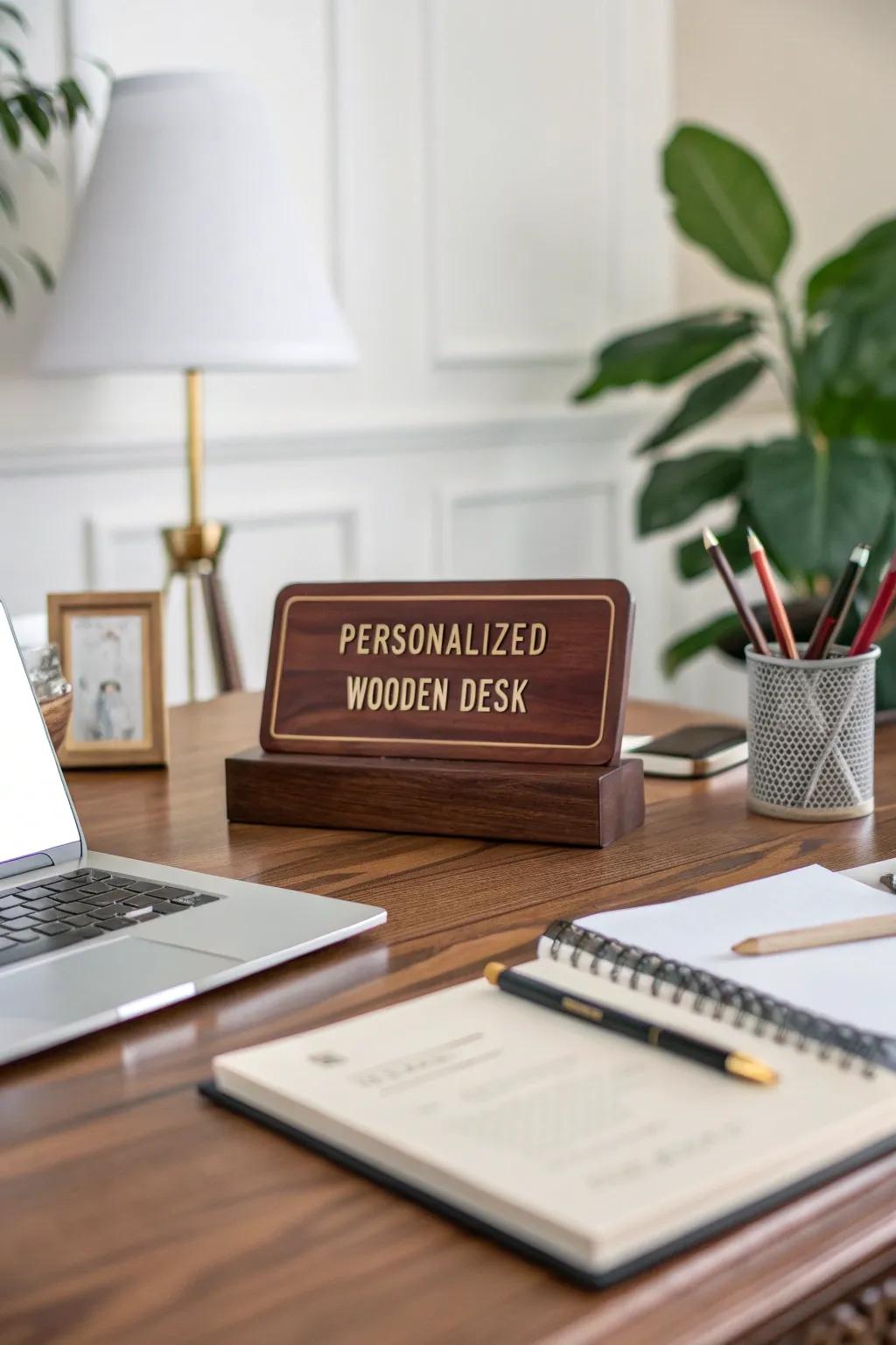 A personalized desk name plate adds elegance to any office.