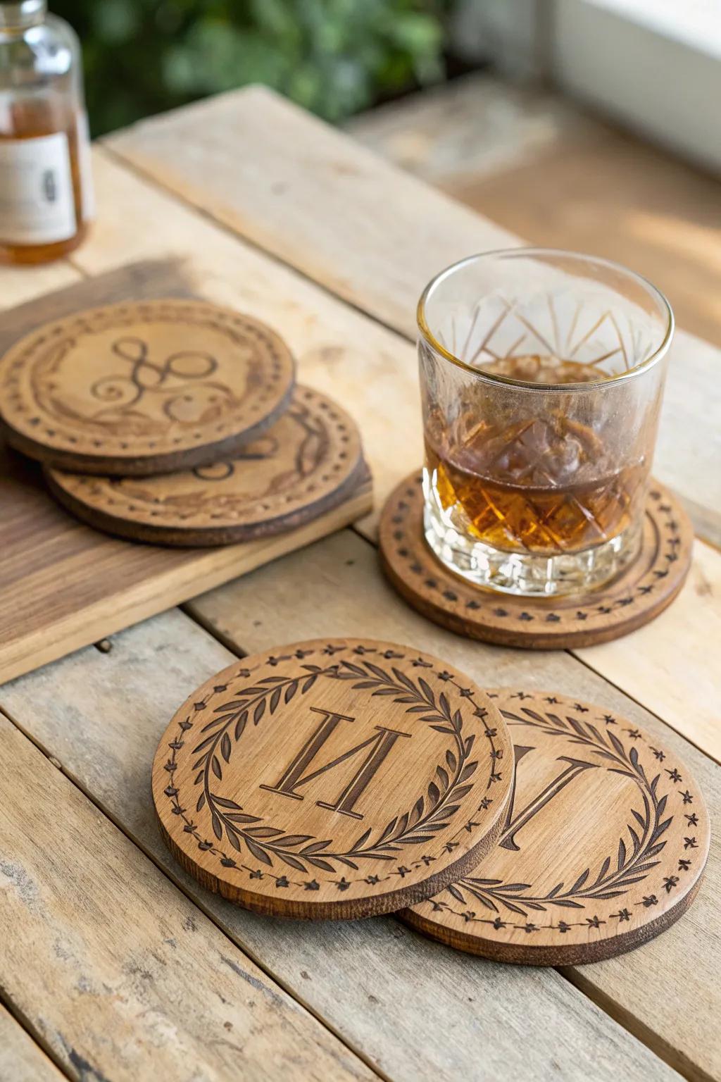 Personalized wooden coasters add a touch of elegance to any gathering.