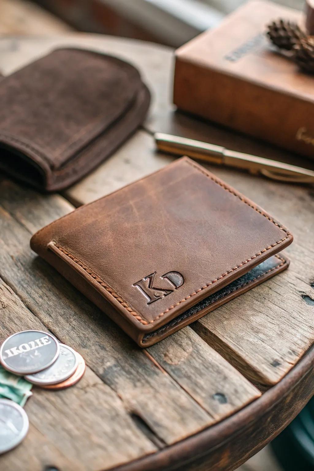 A personalized leather wallet makes a timeless and thoughtful gift.