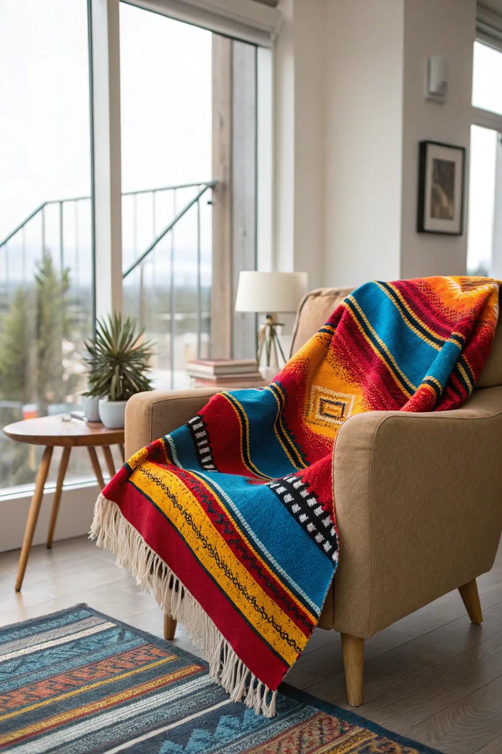 A vibrant sarape blanket brings warmth and color to your home decor.