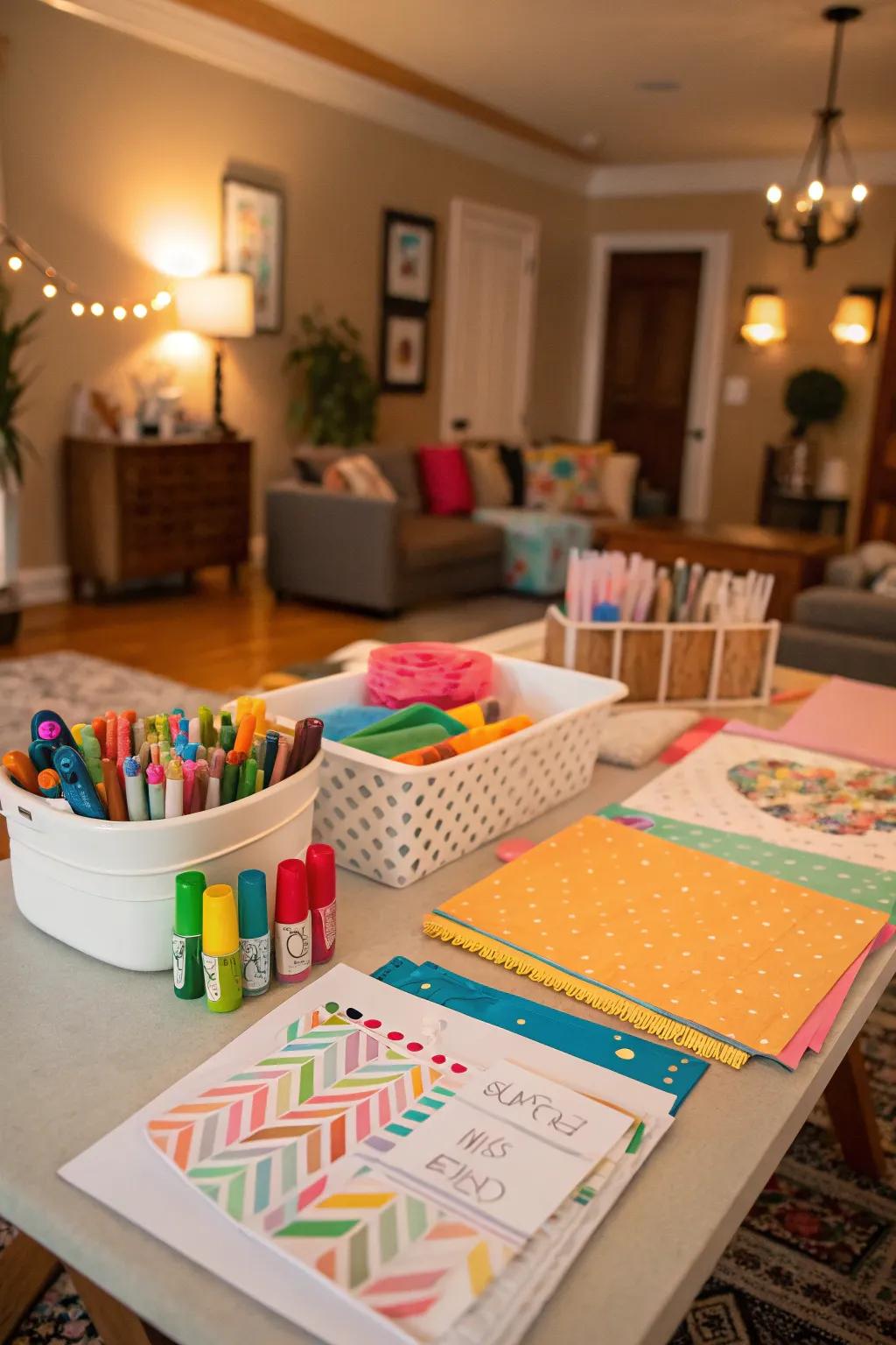 A vibrant craft station perfect for creative birthday fun.