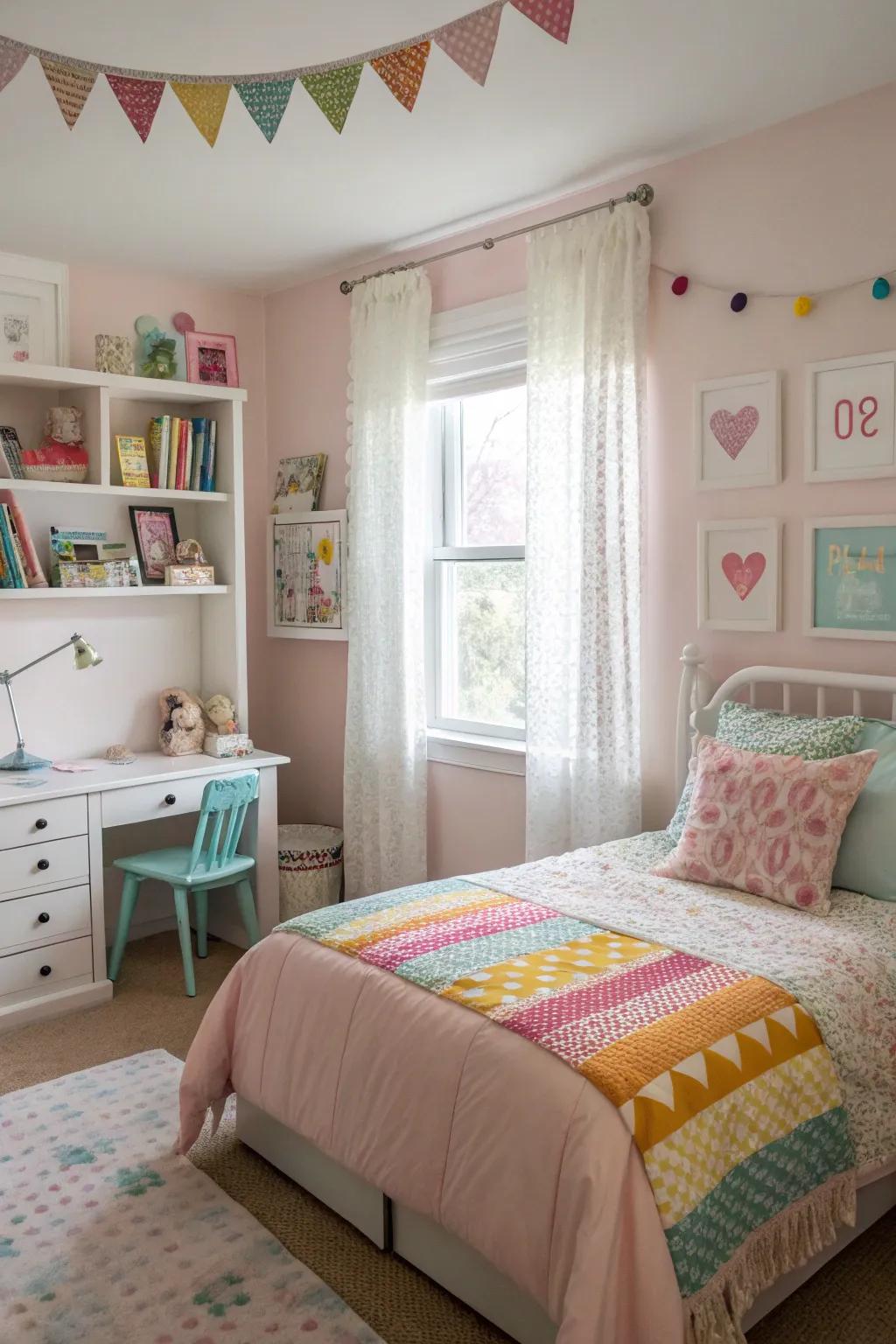 A girl's bedroom featuring pastel walls complemented by bright accent decor.