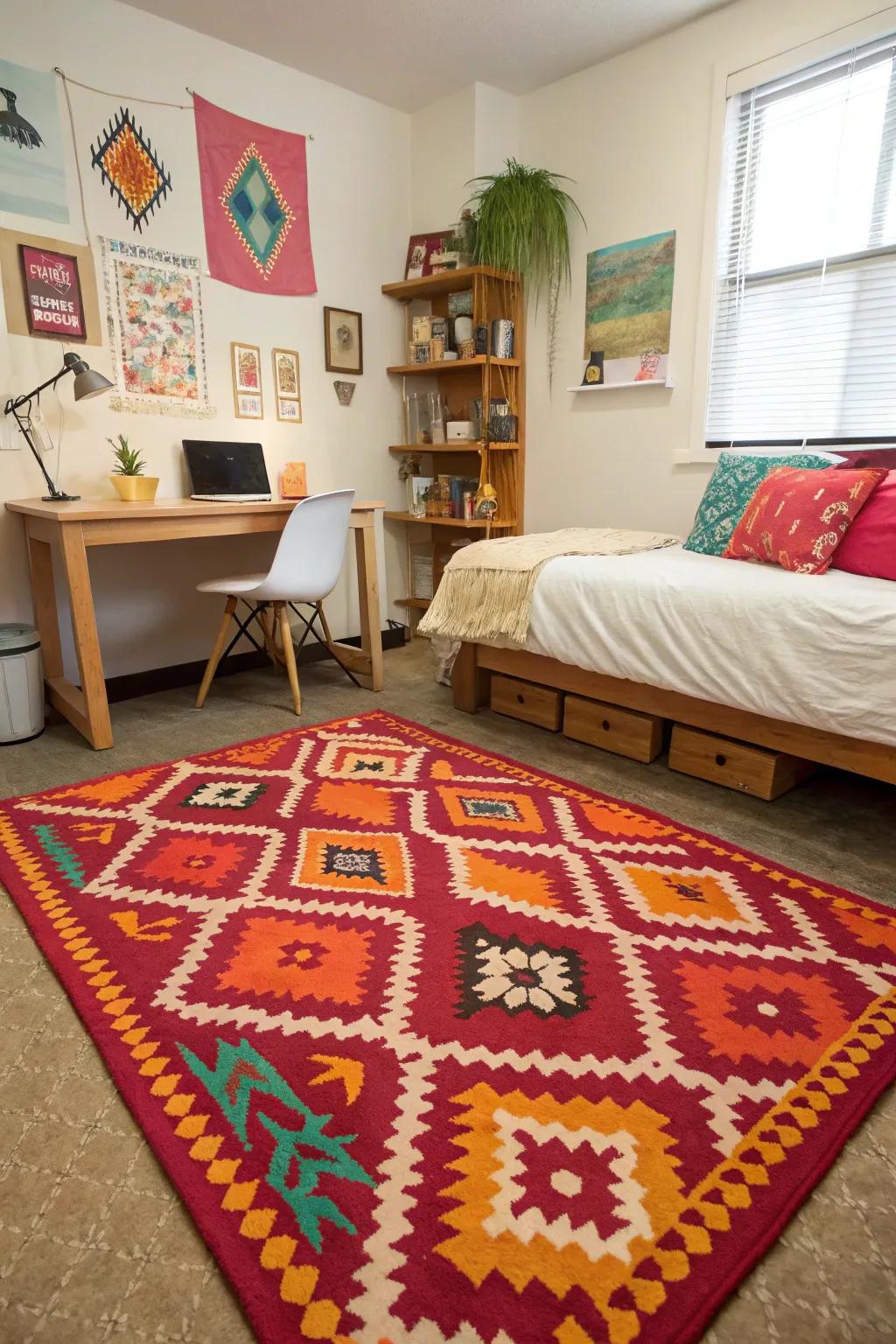 A colorful rug can add warmth and personality to your dorm room.