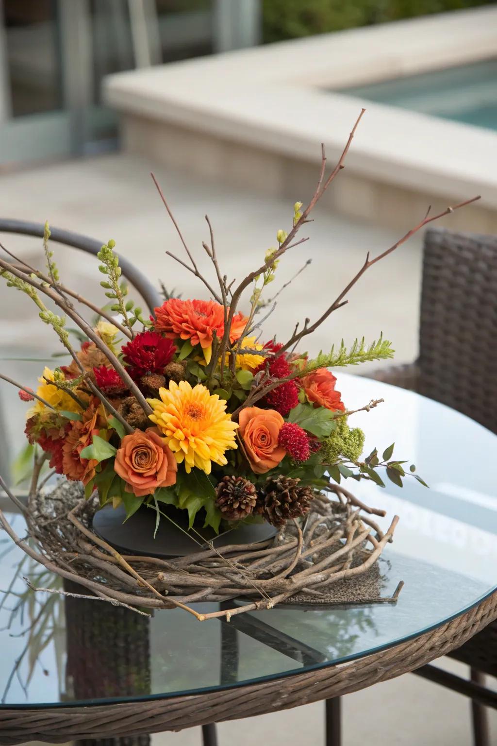 A glass table adorned with a seasonal flower and twig centerpiece.