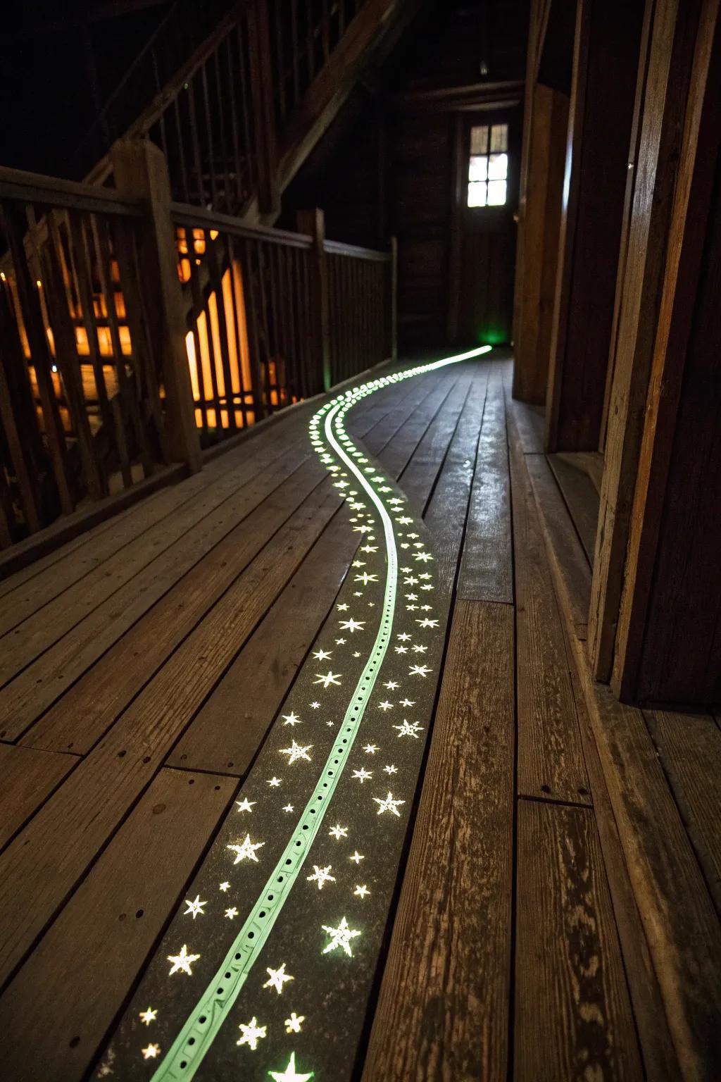 Step into the stars with this enchanting glow tape pathway, a blend of artistry and function.