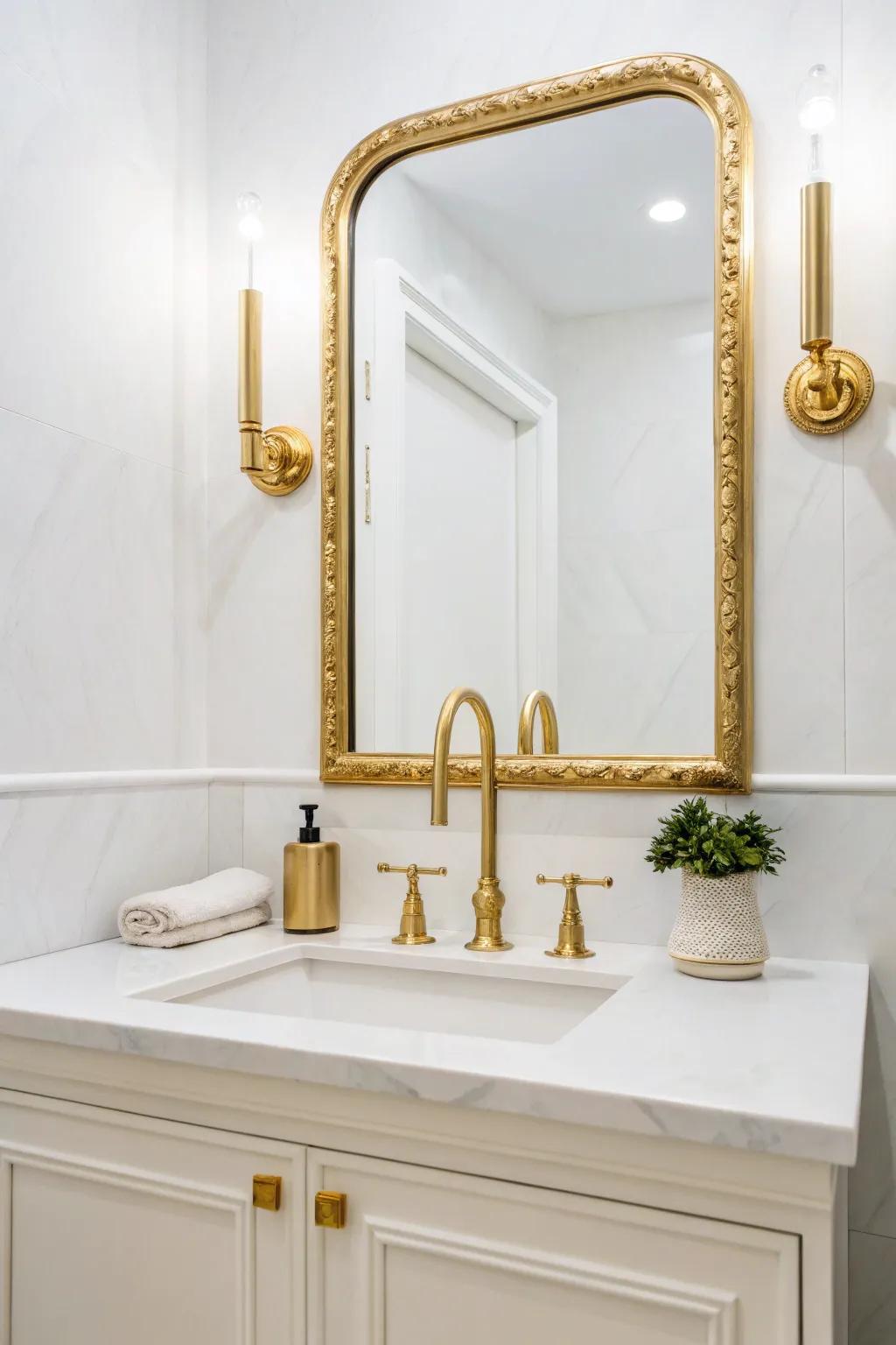 A classic white and gold bathroom exuding elegance.