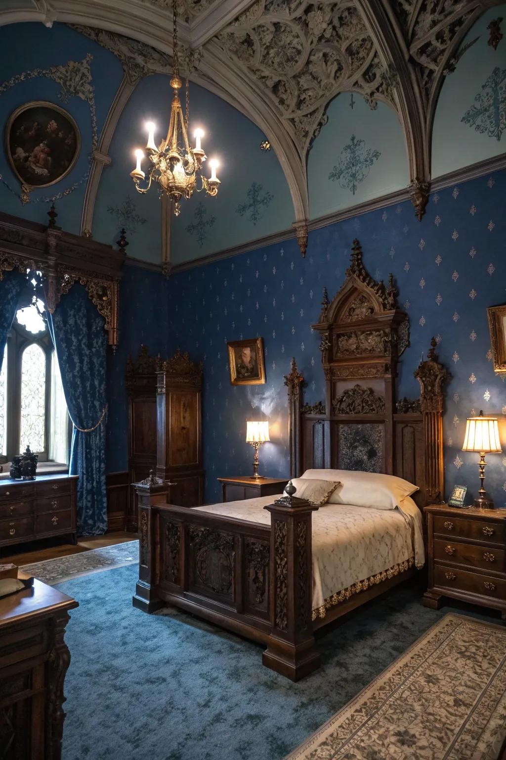 Deep blue walls provide a dramatic backdrop in this Gothic-inspired bedroom.