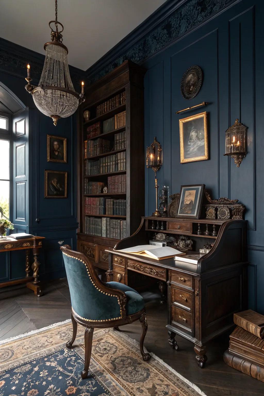 Deep navy walls create a striking and elegant backdrop for a Gothic office.