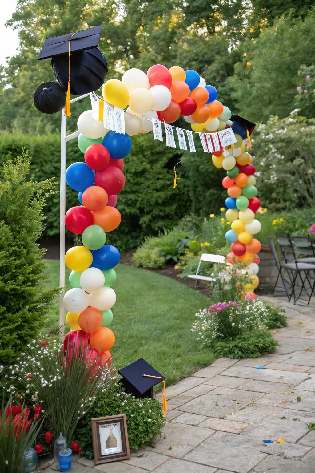 A balloon arch adds a pop of color and fun to any graduation celebration.