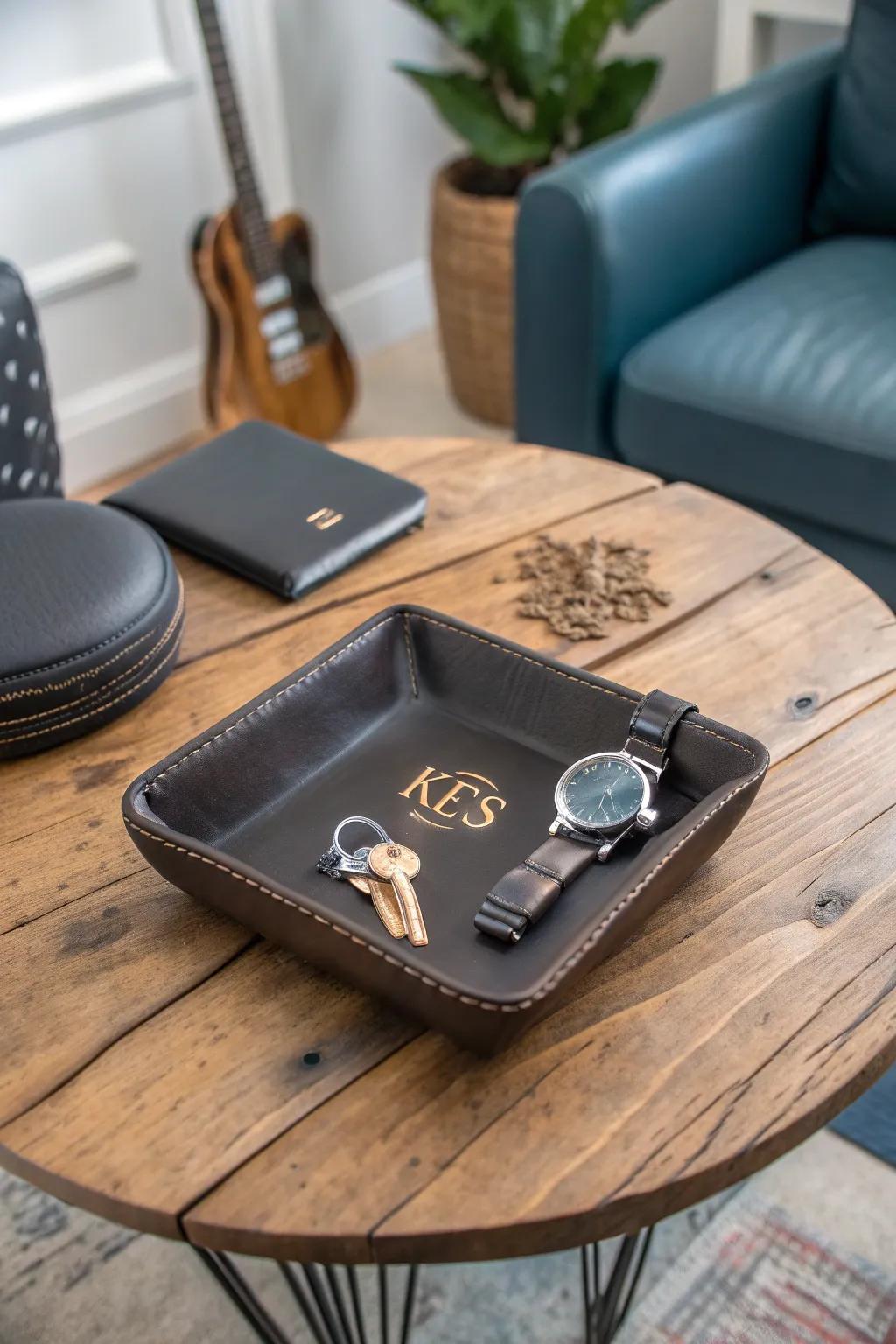 A personalized catchall tray to organize his daily essentials.