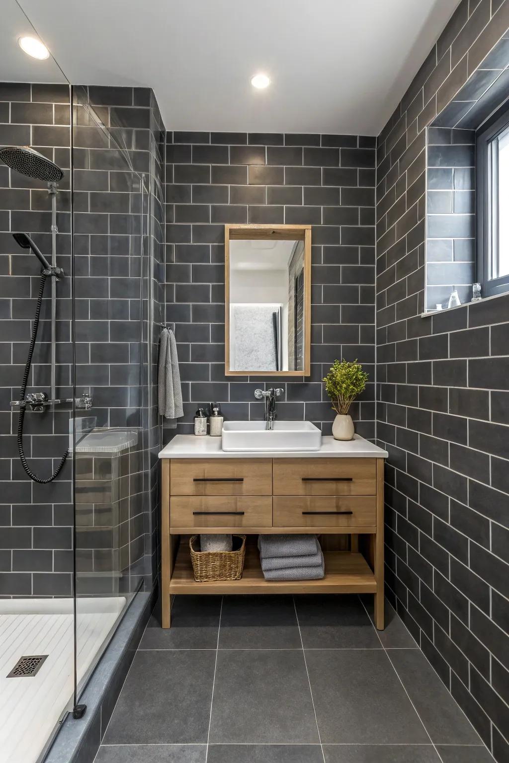 Dark gray subway tiles add a touch of sophistication.