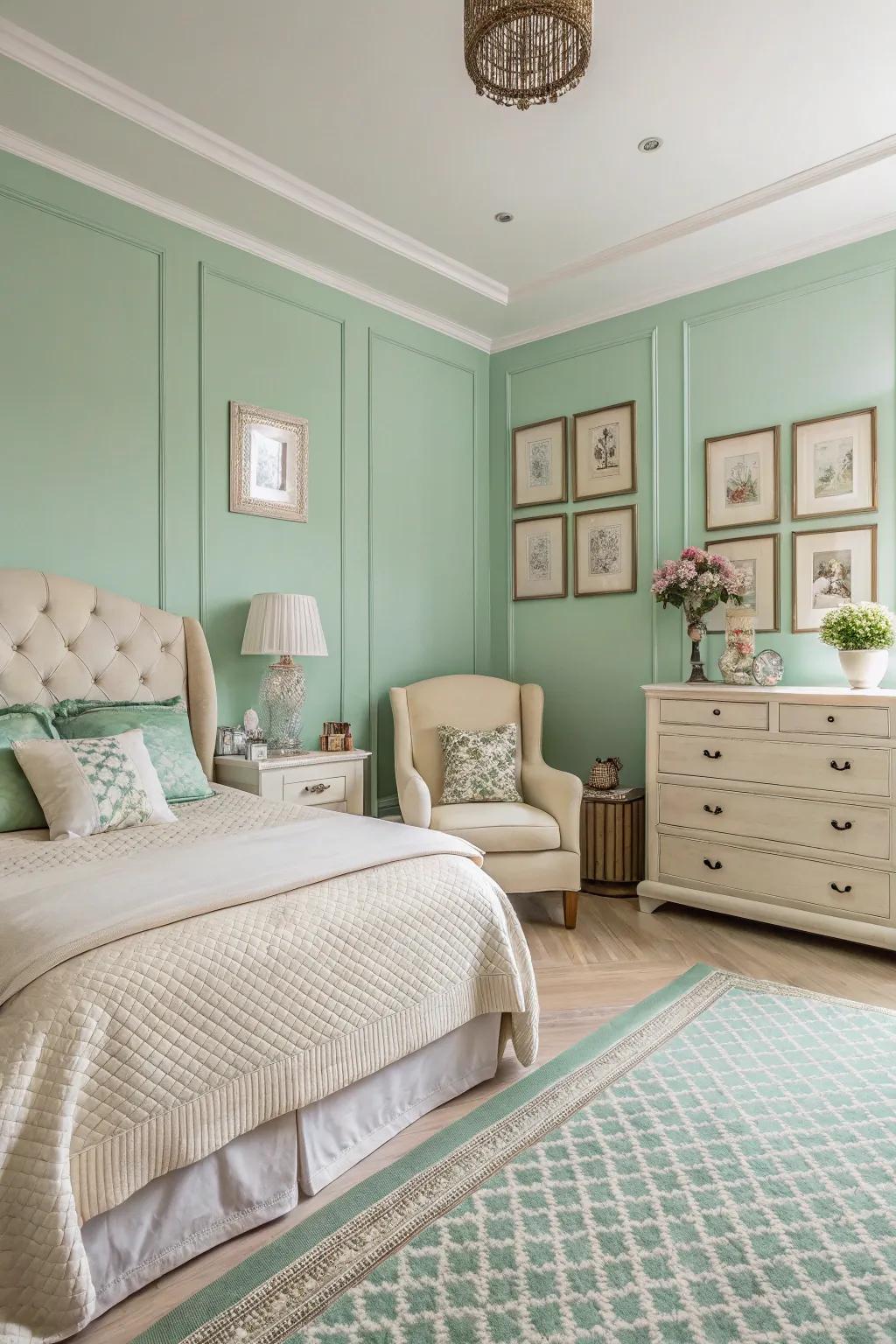 Mint green walls provide a serene backdrop for cream accents.