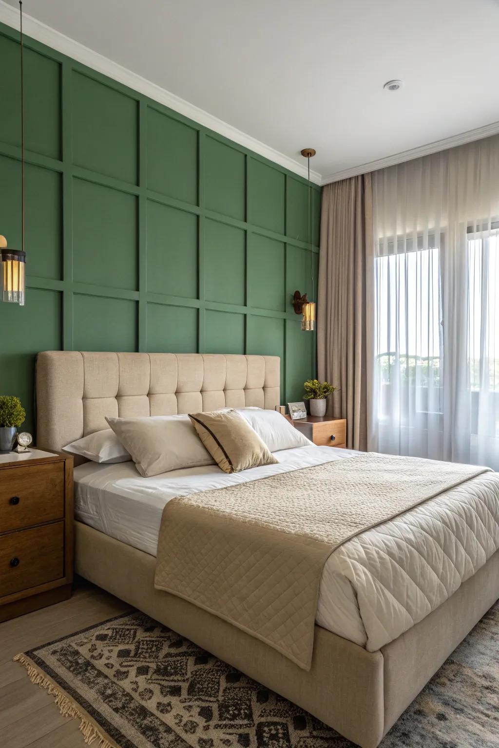 A striking green accent wall serves as the perfect backdrop for a tan bed, adding depth and focus.