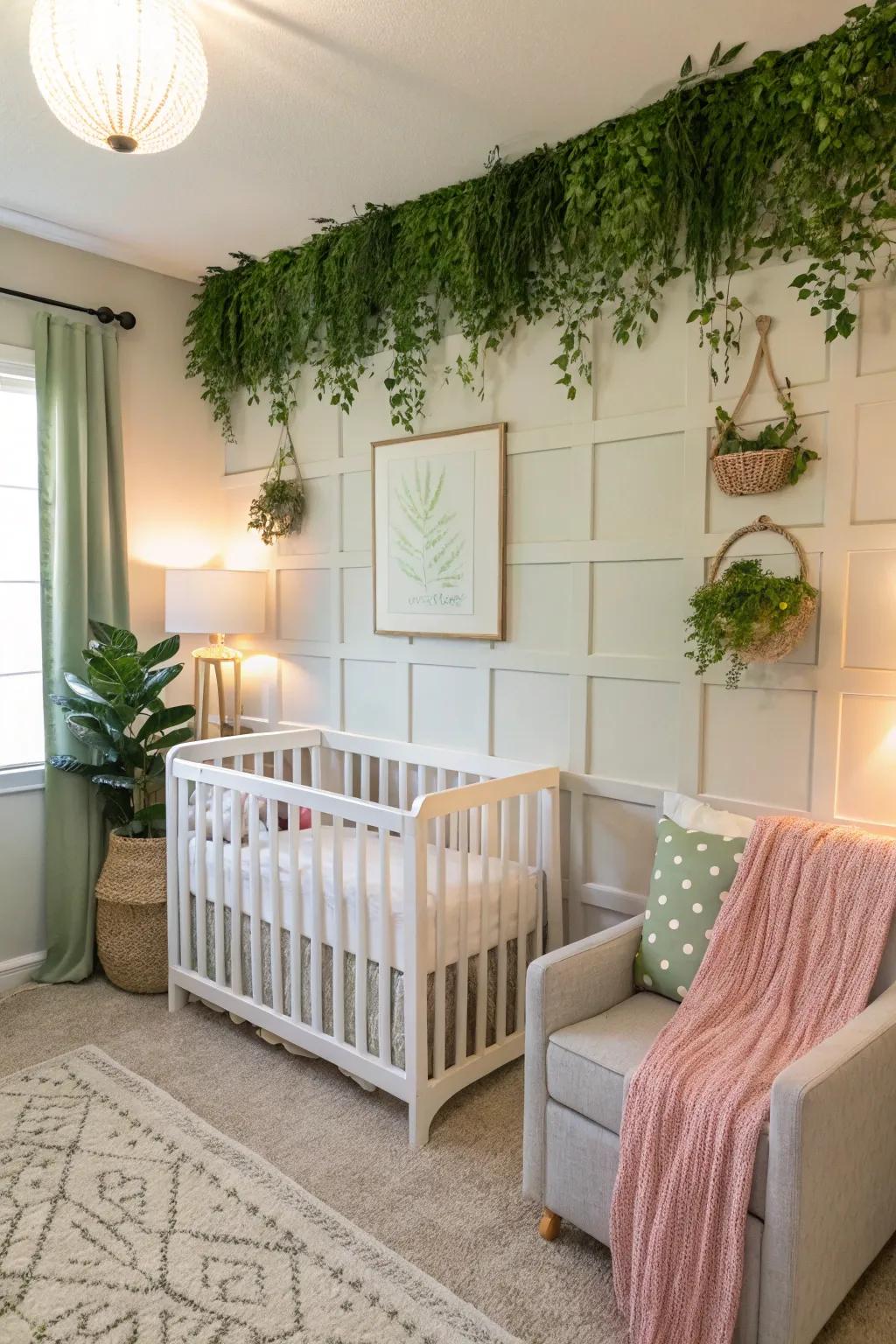 A baby's room showcasing a stylish evergreen accent wall with added texture.