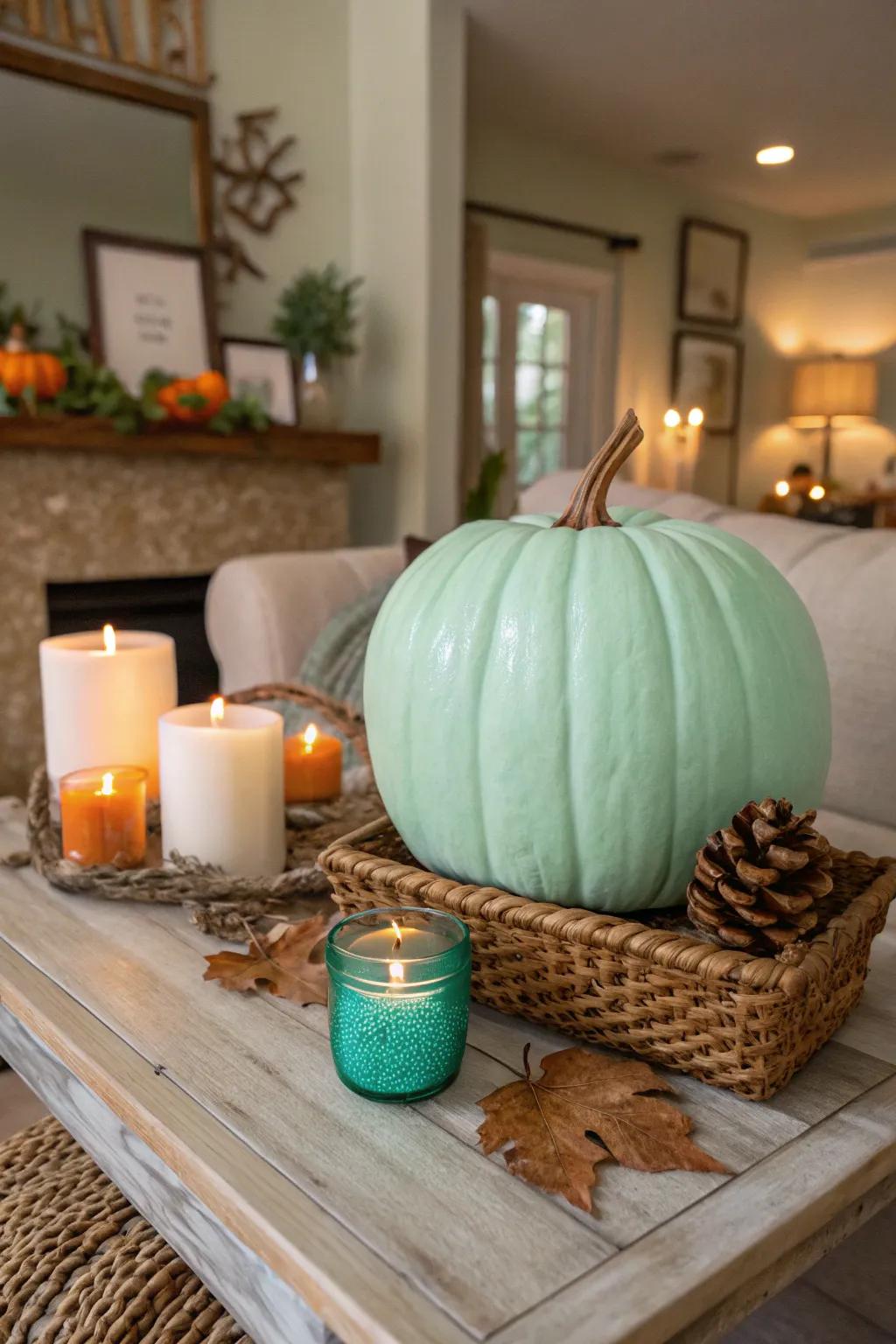 Mint green pumpkin adding a touch of serenity to the living room.