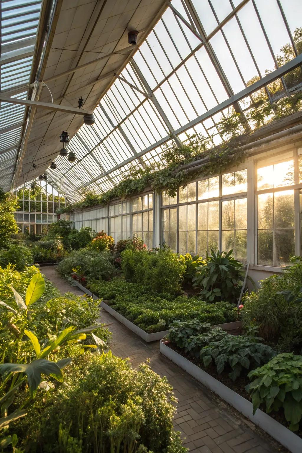 An interior view of a greenhouse with roof vents open, allowing warm air to escape.