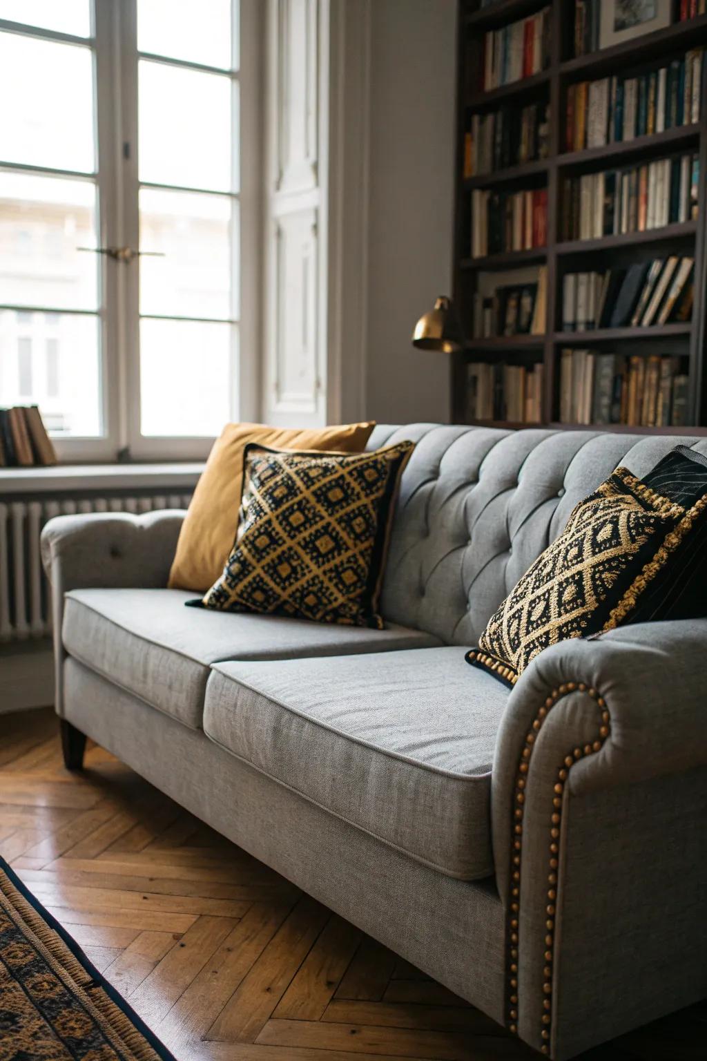 A stylish grey sofa accented with black and gold pillows.