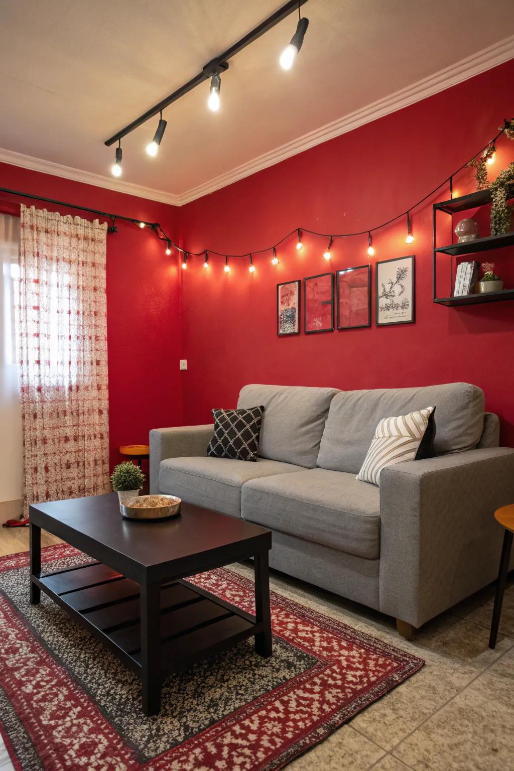 A vibrant red accent wall brings energy to this grey and black living room.