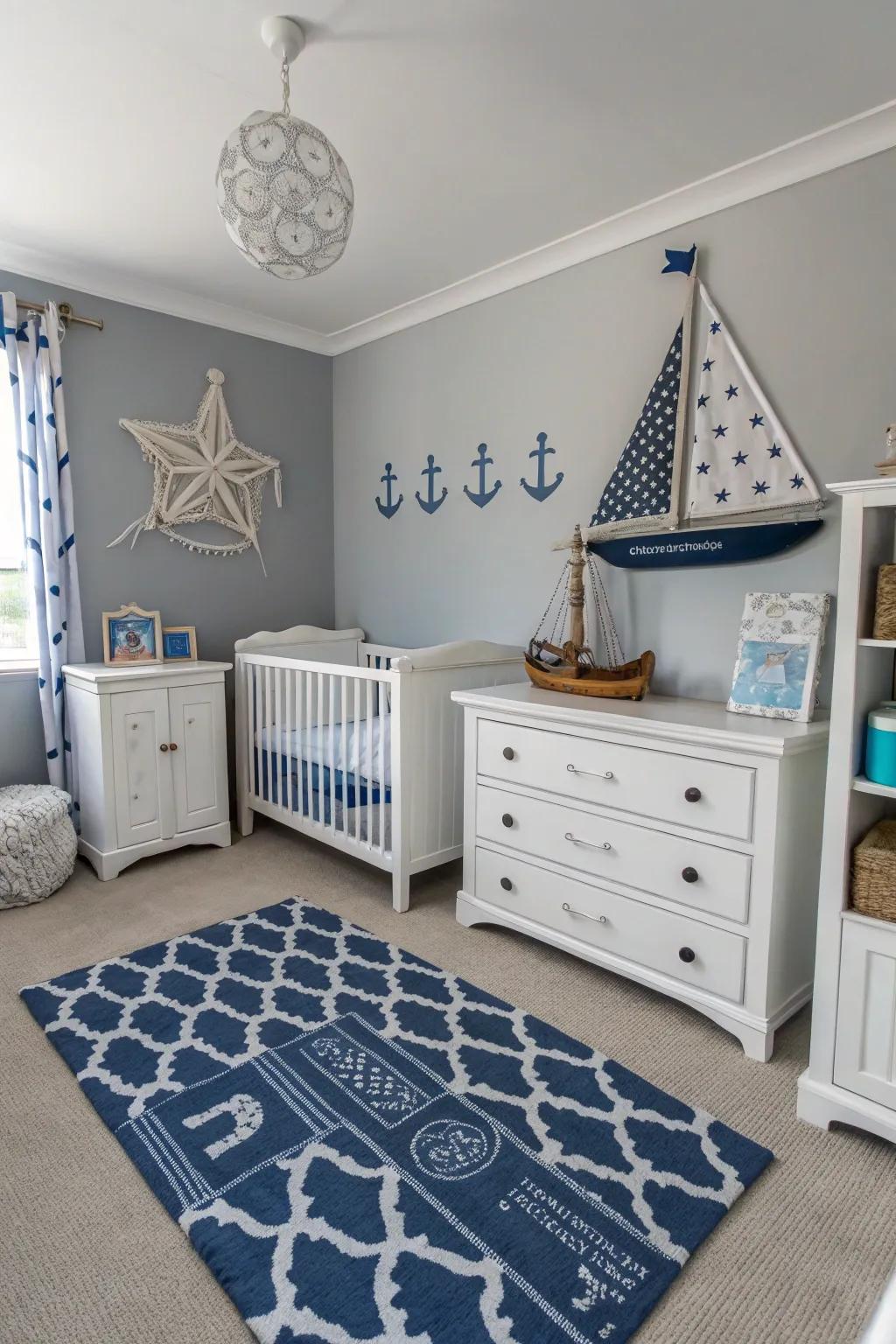 A coastal-themed grey nursery with nautical accents.