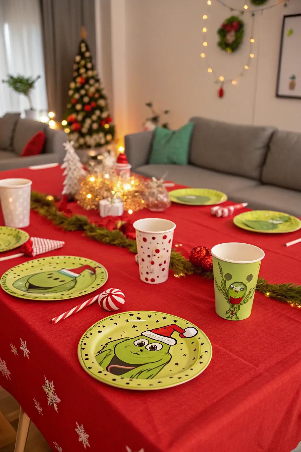 A bright red tablecloth setting the stage for Grinch-themed decor.