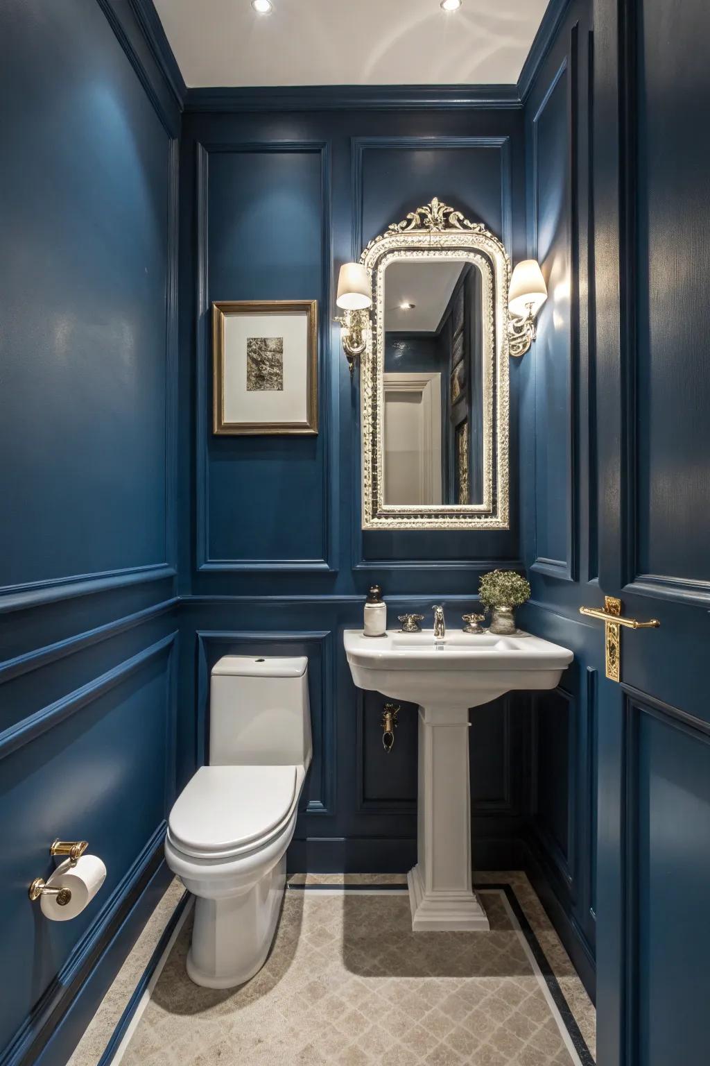 Bold blue walls create a striking contrast in this guest toilet.