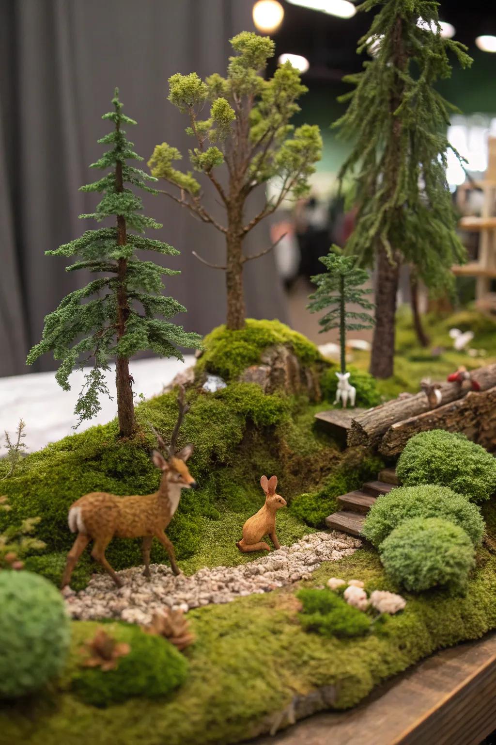 A serene forest habitat diorama with lush greenery and woodland creatures.