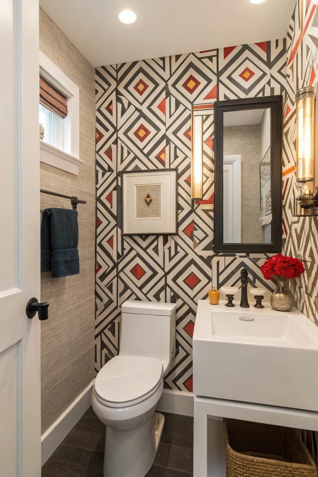 Bold geometric wallpaper turns a small space into a lively feature.