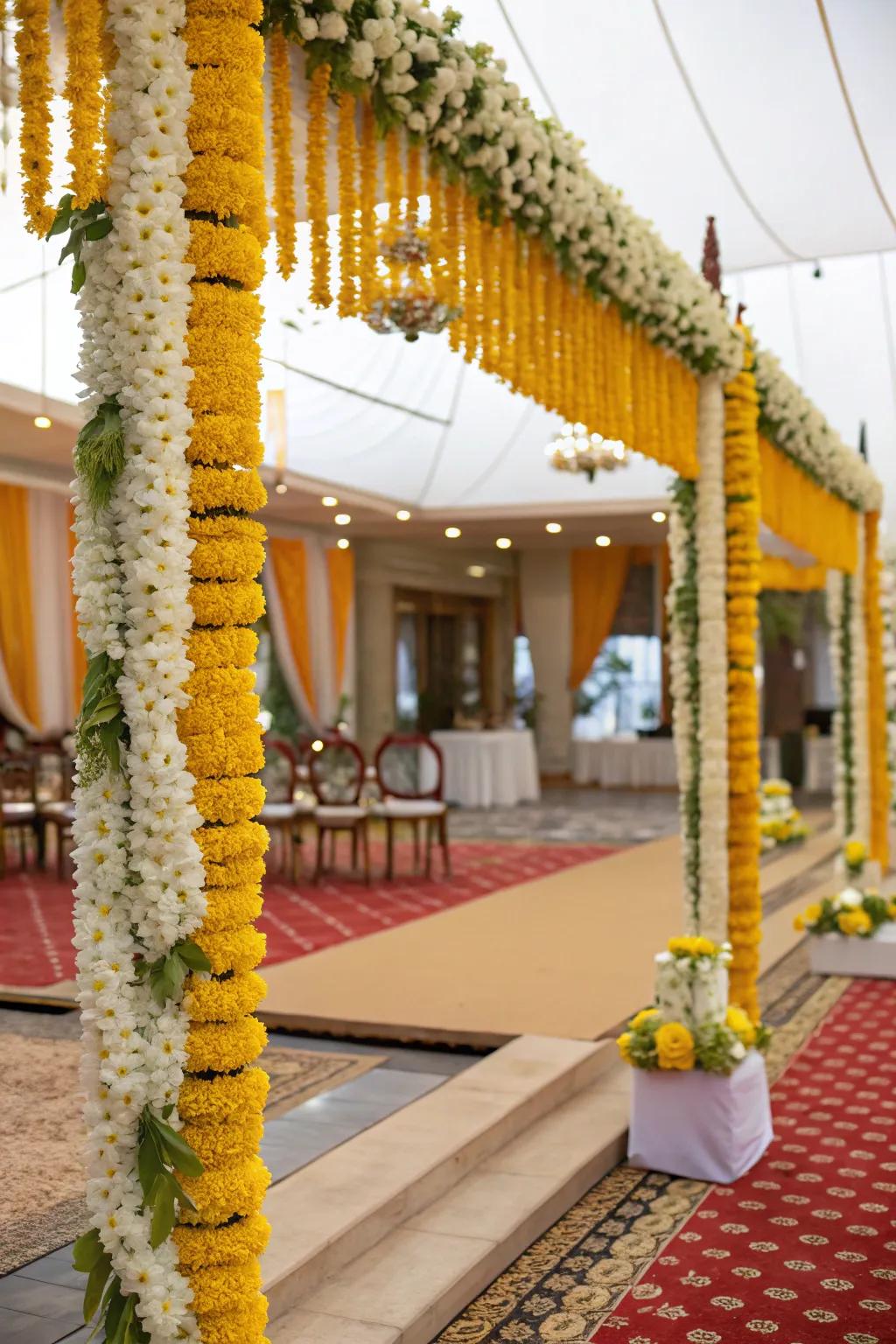 Traditional floral decorations with marigold and jasmine adding vibrancy to the function.