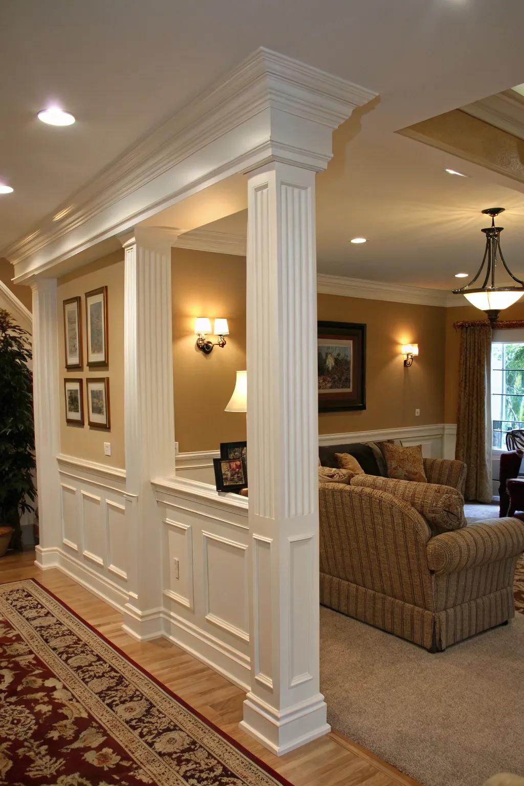 Elegant molding adds a classic touch to a half wall and column.